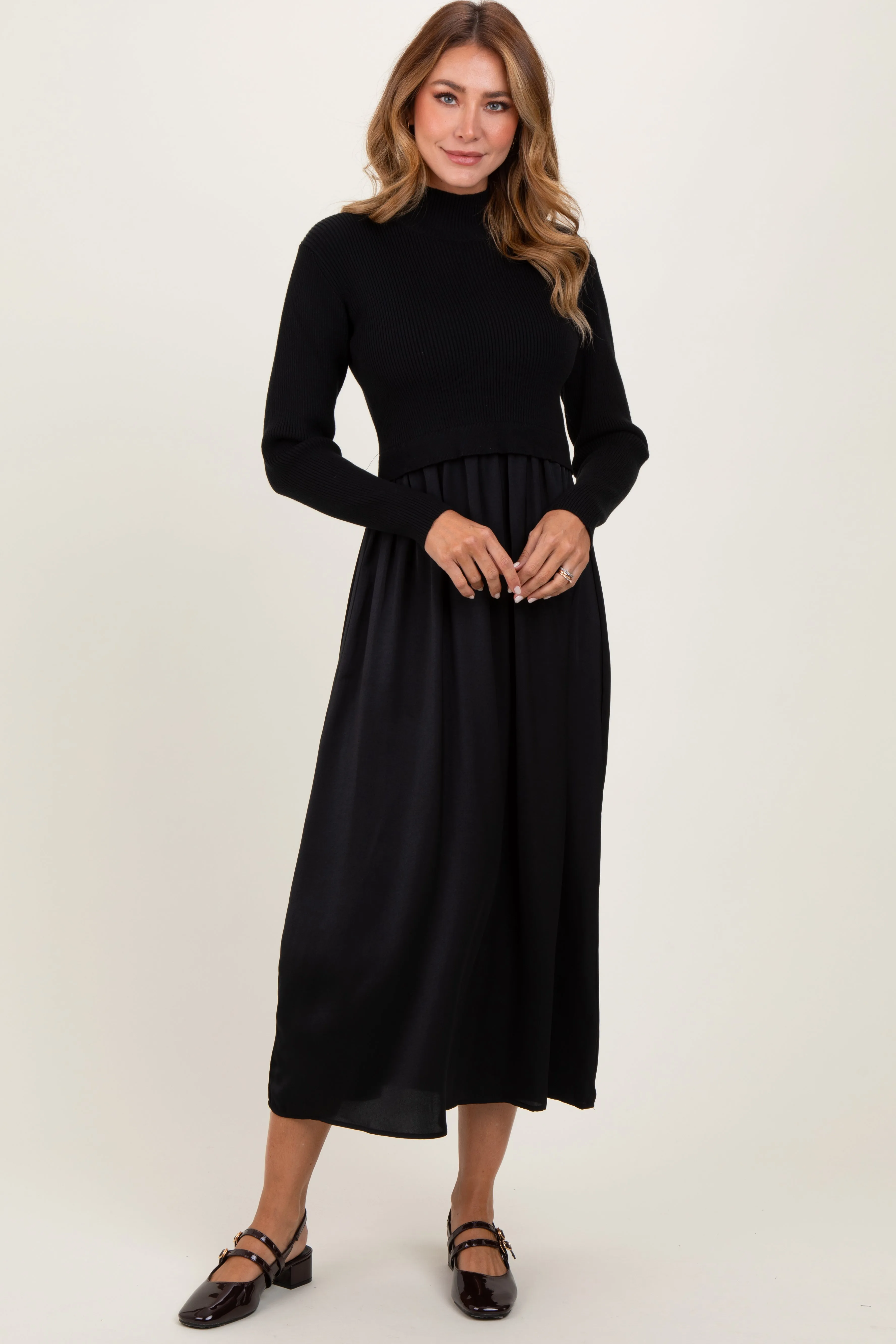 Black Knit Contrast Top Satin Midi Dress sold by Pinkblush product image thumbnail 2