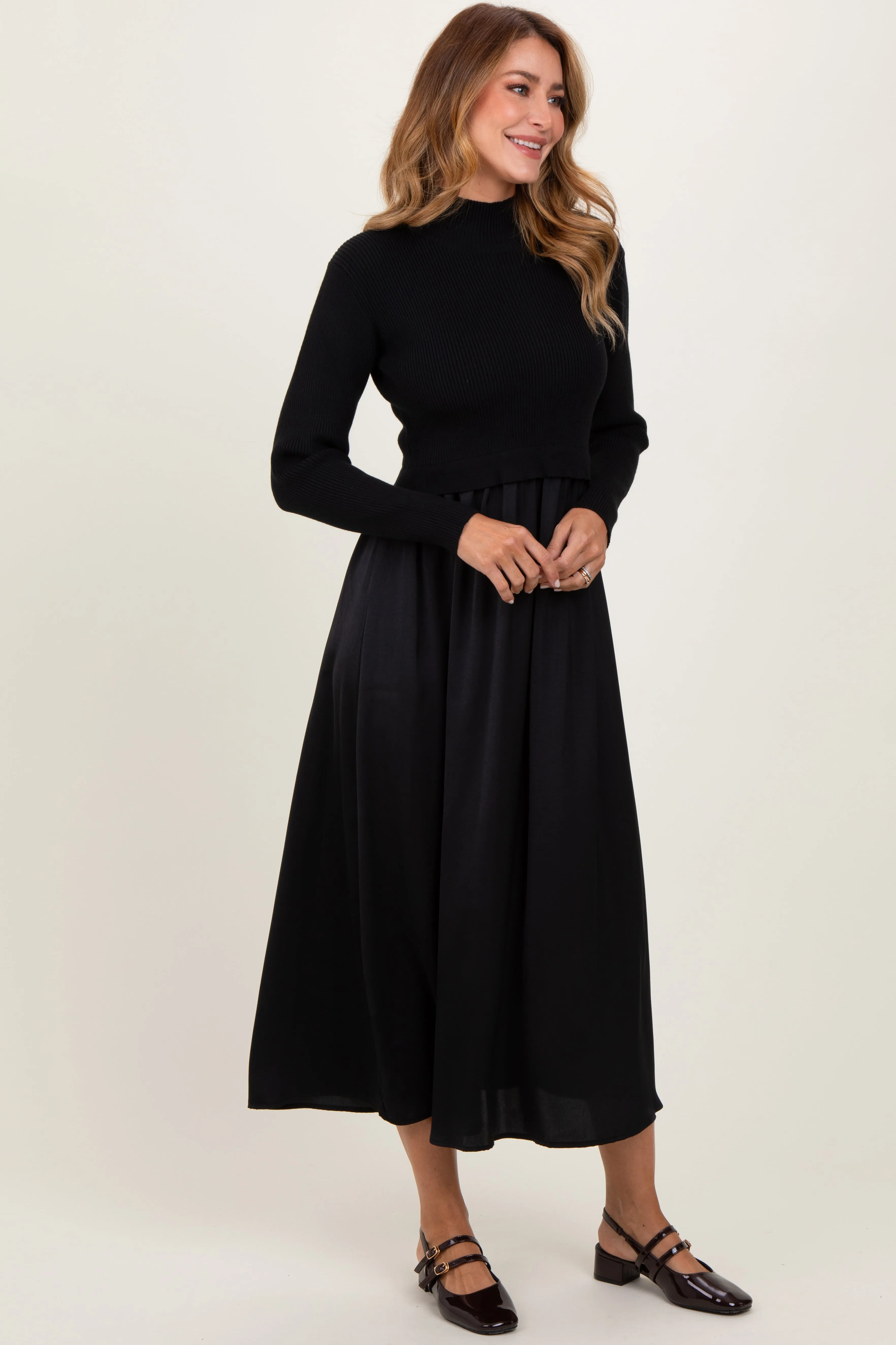 Black Knit Contrast Top Satin Midi Dress sold by Pinkblush product image thumbnail 3