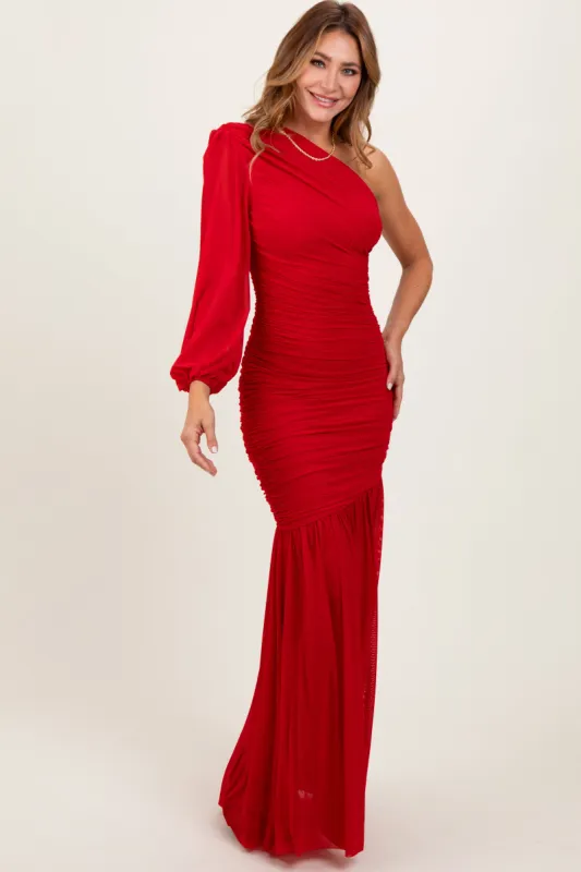 Red Ruched Mesh One Shoulder Asymmetric Maxi Dress sold by Pinkblush