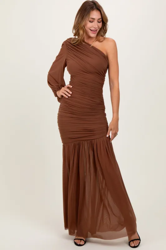 Mocha Ruched Mesh One Shoulder Asymmetric Maxi Dress sold by Pinkblush