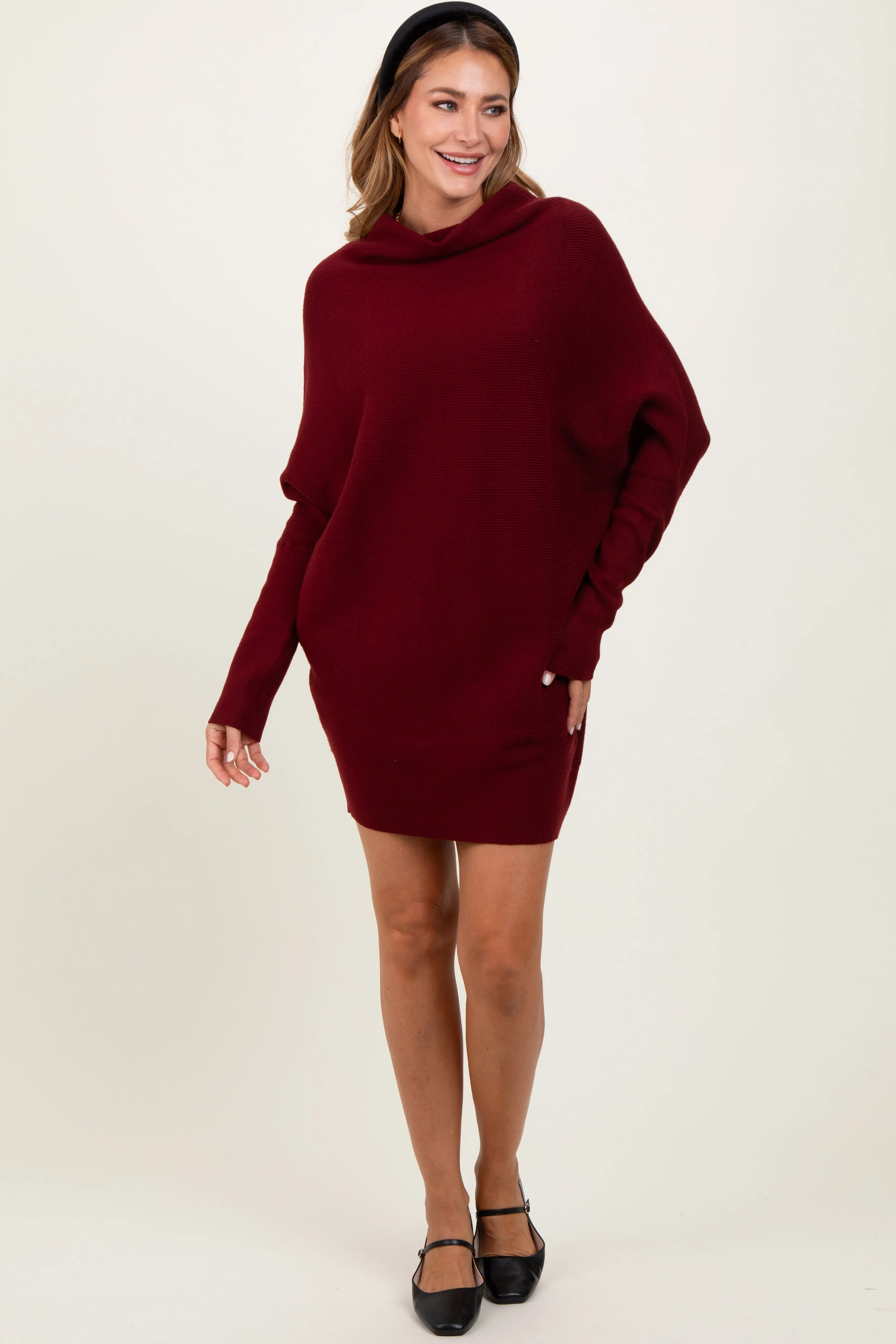 Burgundy Funnel Neck Dolman Sleeve Mini Dress sold by Pinkblush