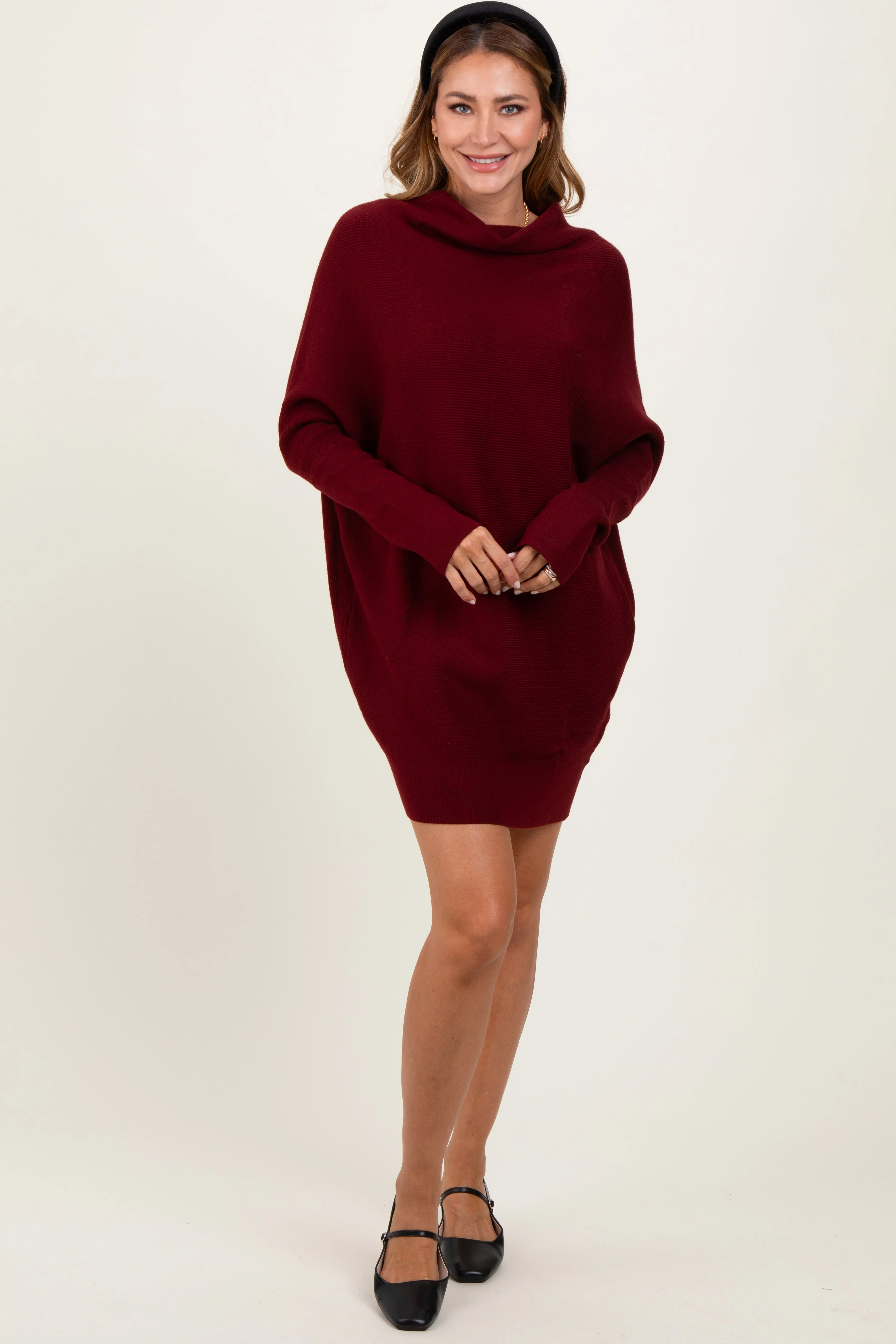 Burgundy Funnel Neck Dolman Sleeve Mini Dress sold by Pinkblush product image thumbnail 2