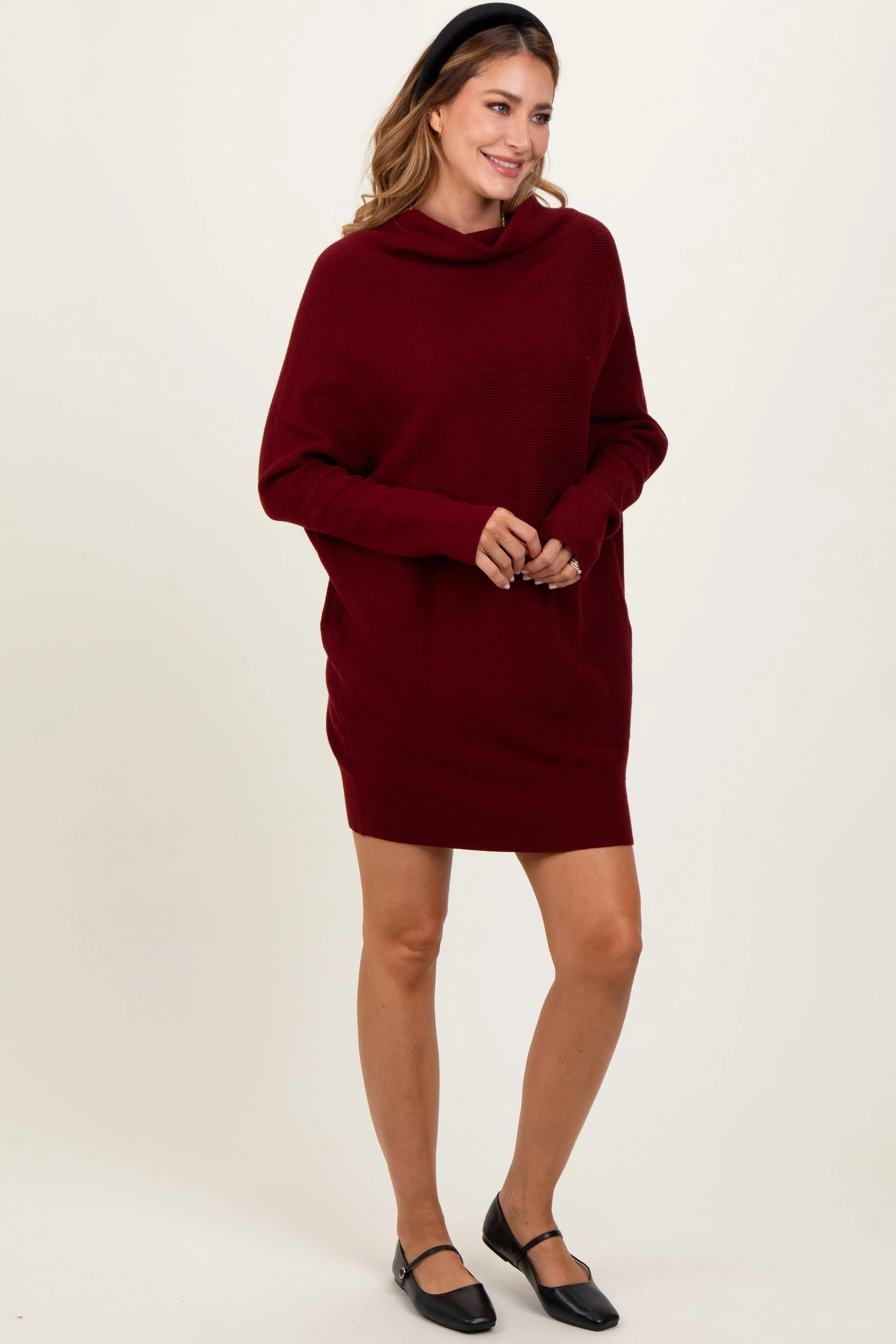 Burgundy Funnel Neck Dolman Sleeve Mini Dress sold by Pinkblush product image thumbnail 3
