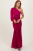 Magenta Ruched Mesh One Shoulder Asymmetric Maxi Dress sold by Pinkblush