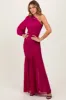 Magenta Ruched Mesh One Shoulder Asymmetric Maxi Dress sold by Pinkblush