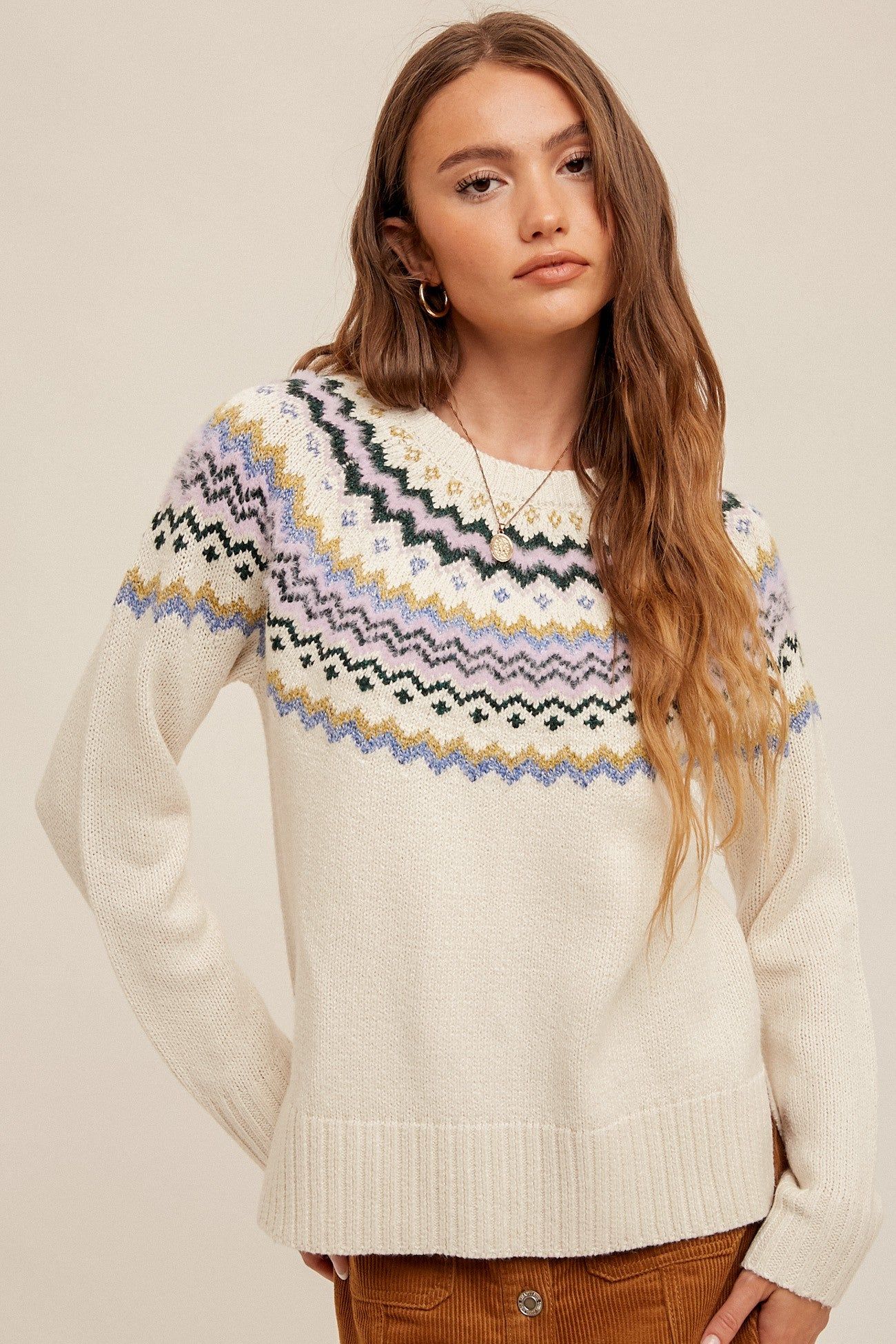 Cream Multi Color Detailed Fairisle Sweater sold by Pinkblush