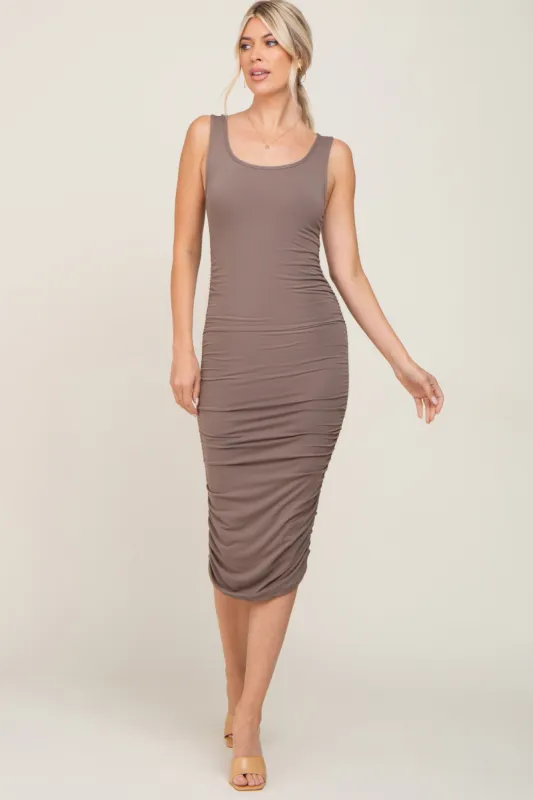 Taupe Ruched V-Back Midi Dress sold by Pinkblush