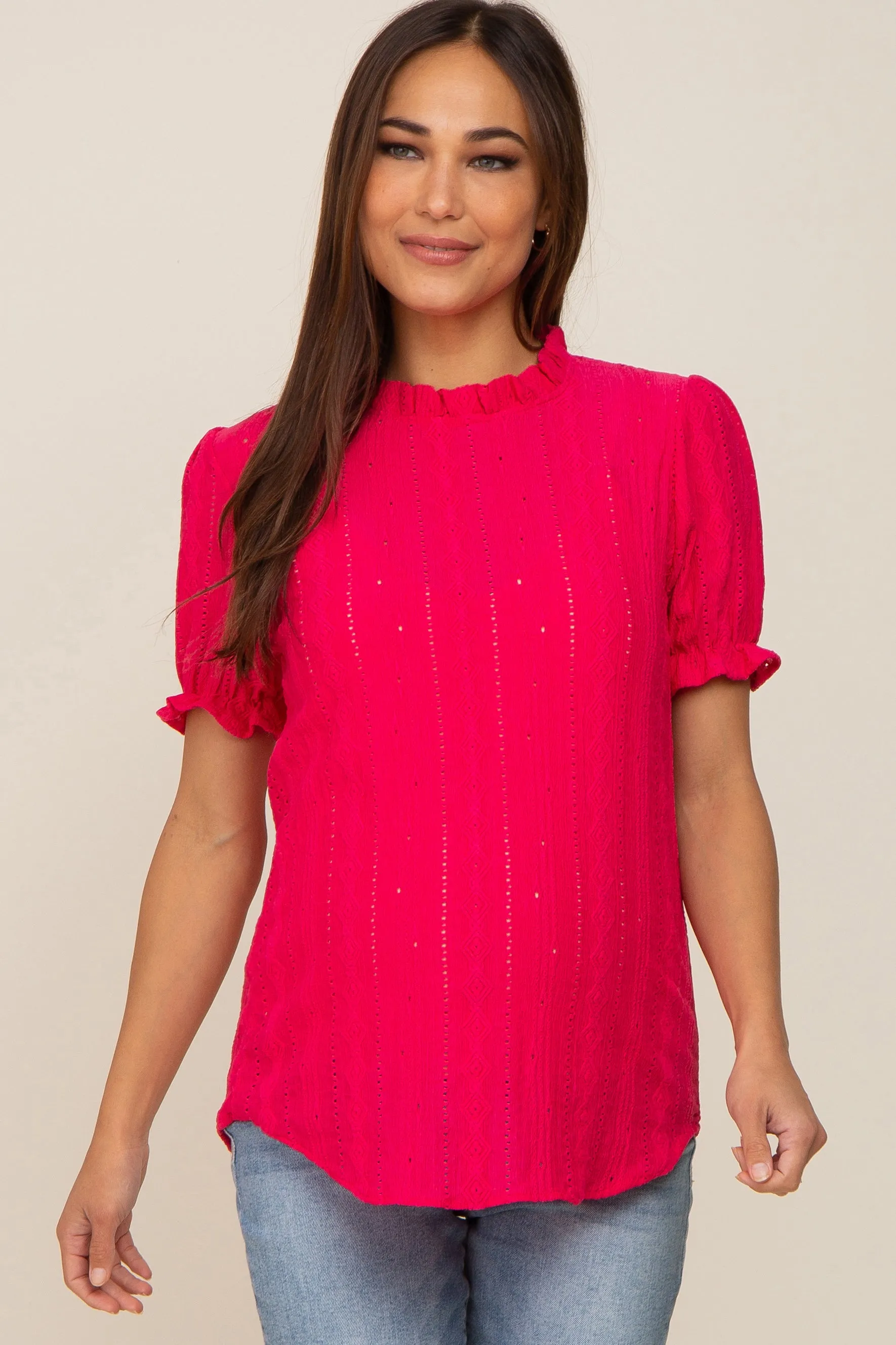 Fuchsia Eyelet Textured Mock Neck Maternity Top sold by Pinkblush