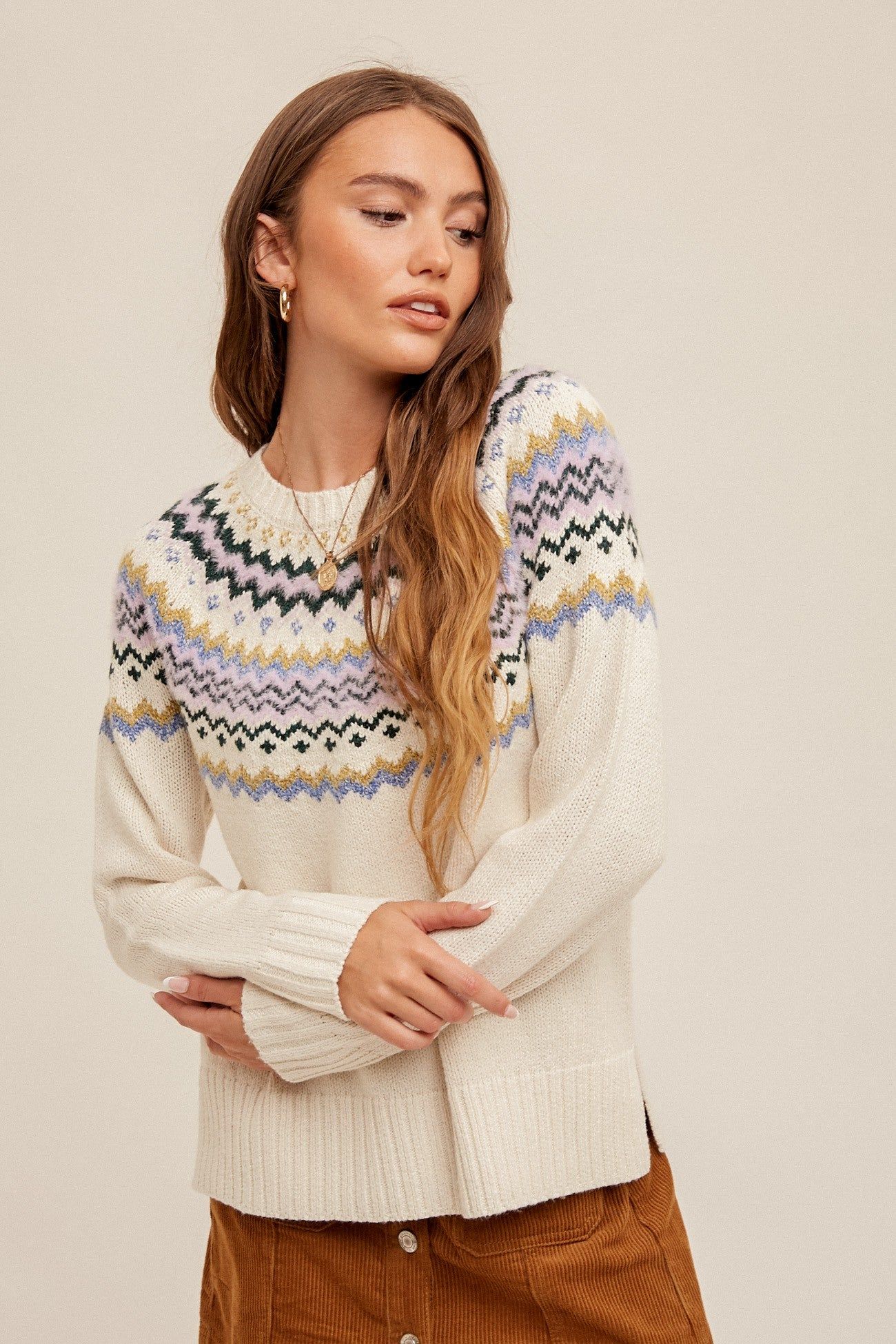Cream Multi Color Detailed Fairisle Sweater sold by Pinkblush product image thumbnail 2