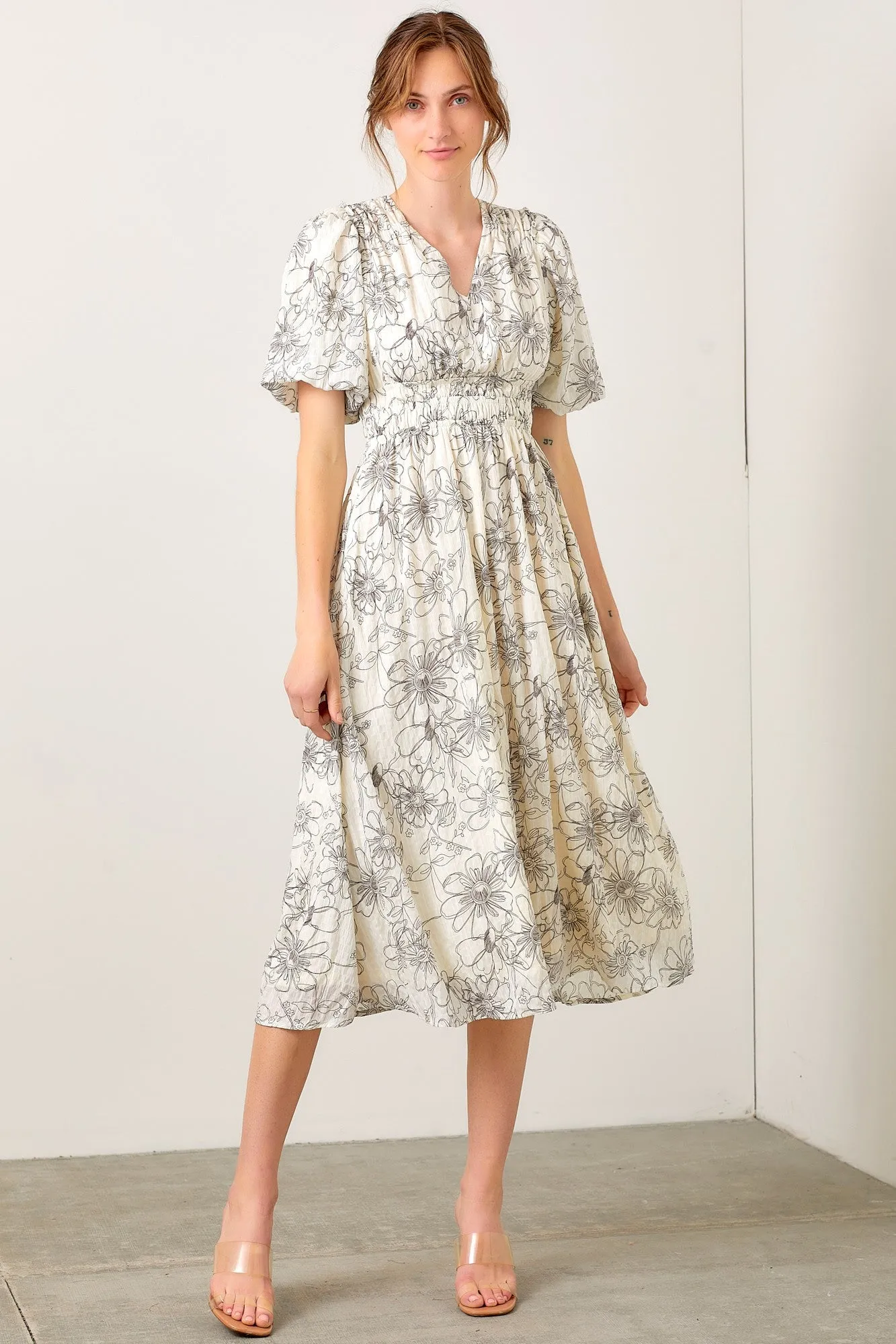 Black Floral Smocked Waist Midi Dress sold by Pinkblush