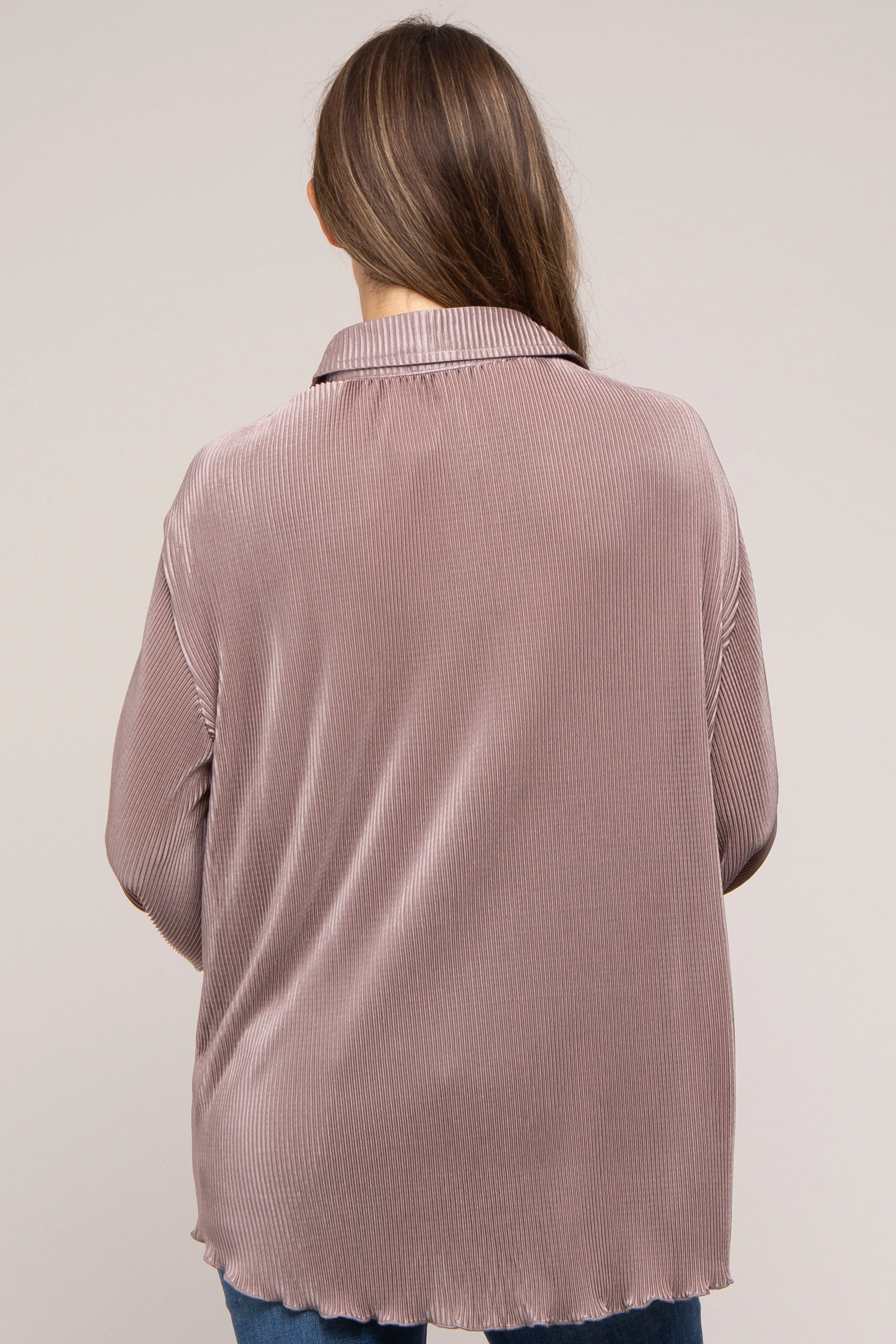 Taupe Plisse Button Up Long Sleeve Maternity Top sold by Pinkblush product image thumbnail 4