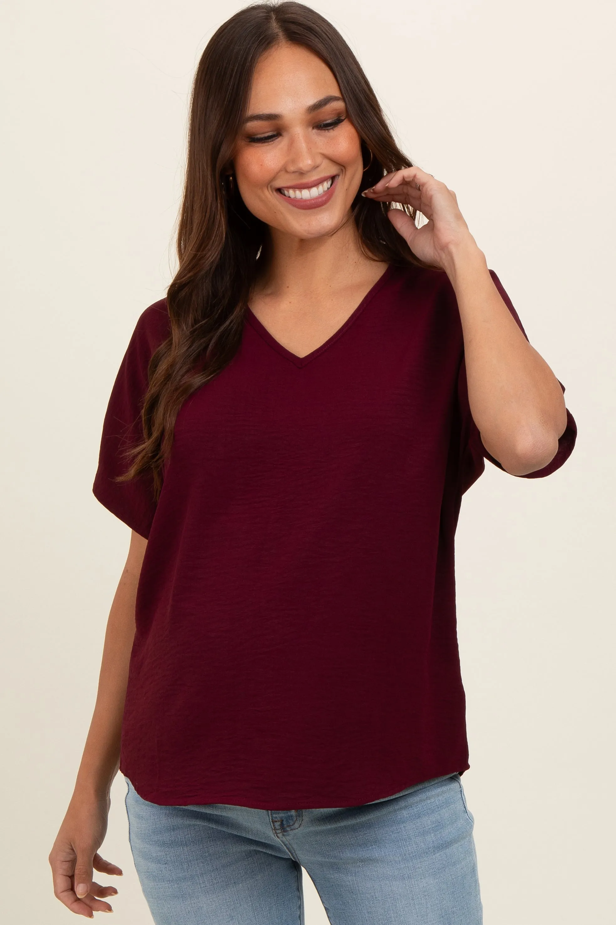 Merlot Short Sleeve Maternity Blouse sold by Pinkblush
