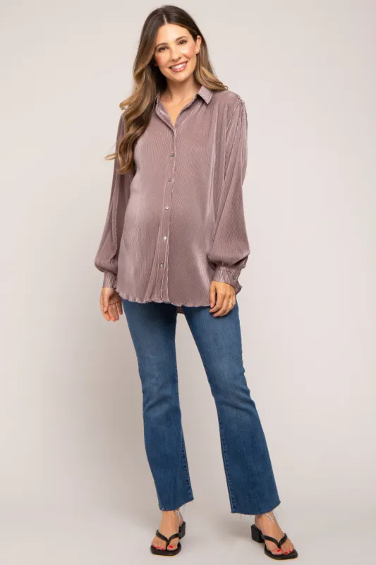 Taupe Plisse Button Up Long Sleeve Maternity Top sold by Pinkblush