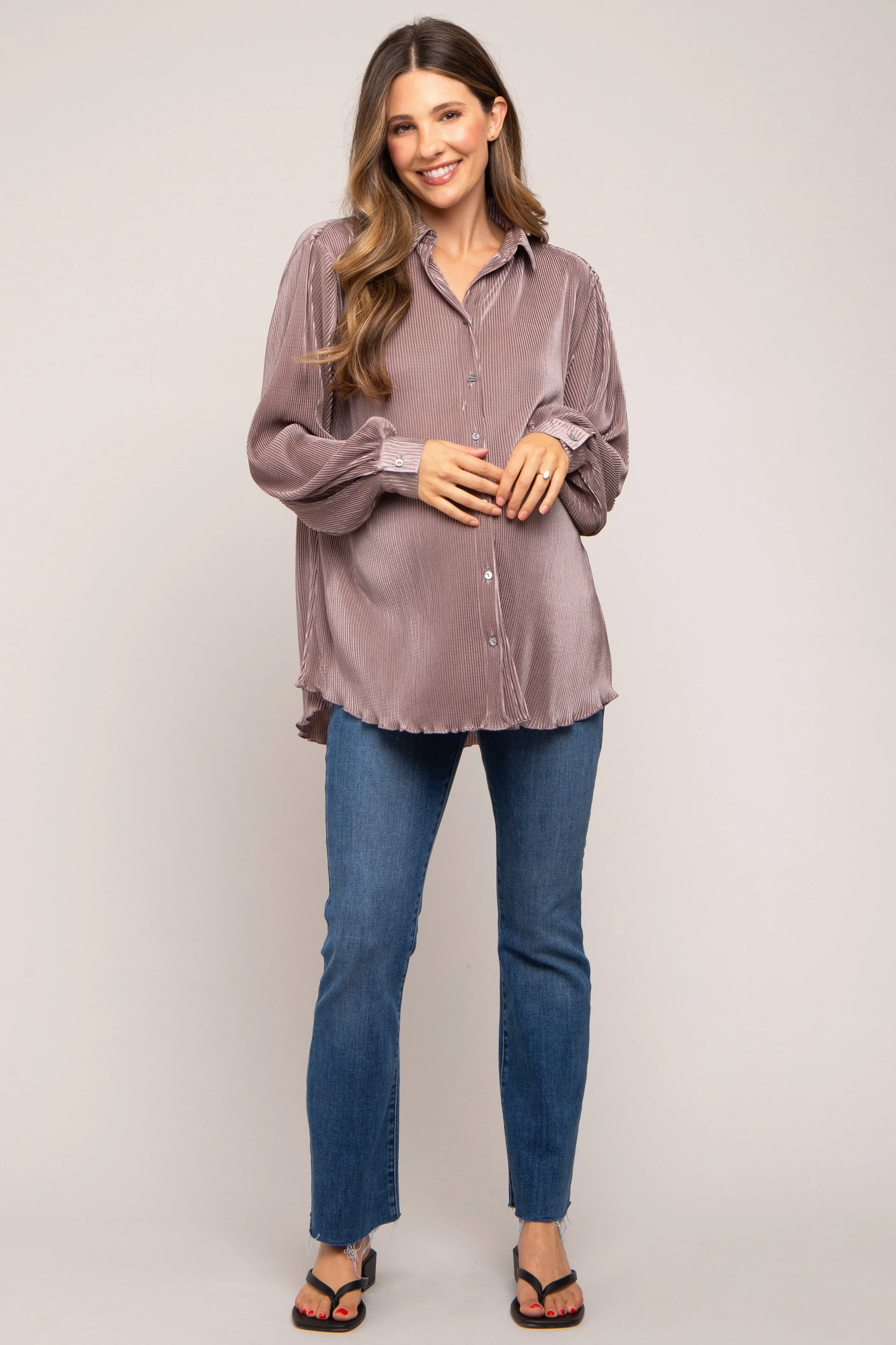 Taupe Plisse Button Up Long Sleeve Maternity Top sold by Pinkblush product image thumbnail 5