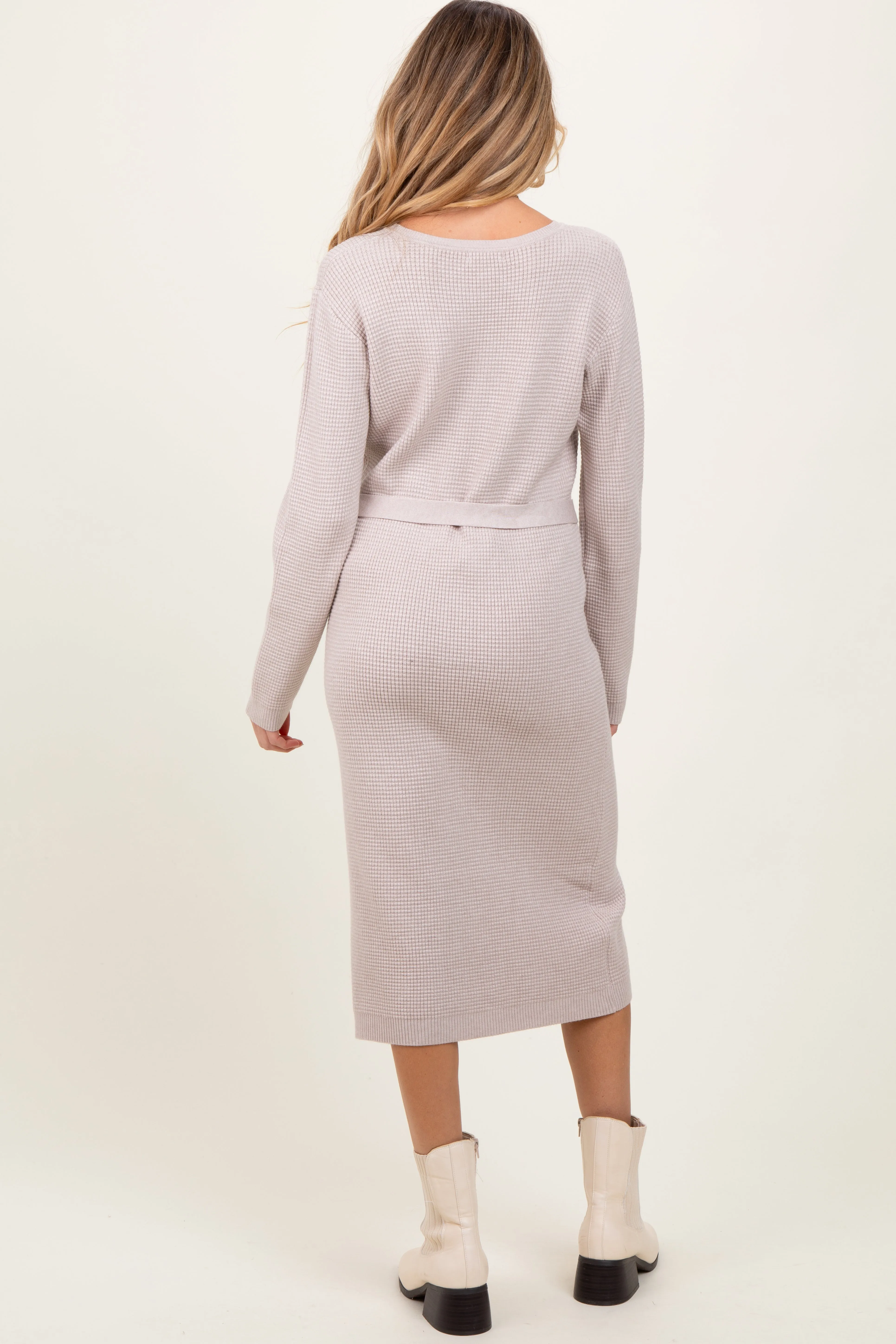 Taupe Waffle Knit Sash Tie Maternity Midi Sweater Dress sold by Pinkblush product image thumbnail 2