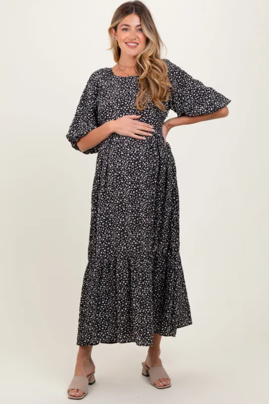 Black Floral Puffed Short Sleeve Maternity Maxi Dress sold by Pinkblush