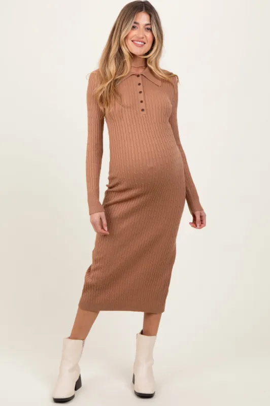 Camel Cable Knit Button Up Maternity Midi Dress sold by Pinkblush