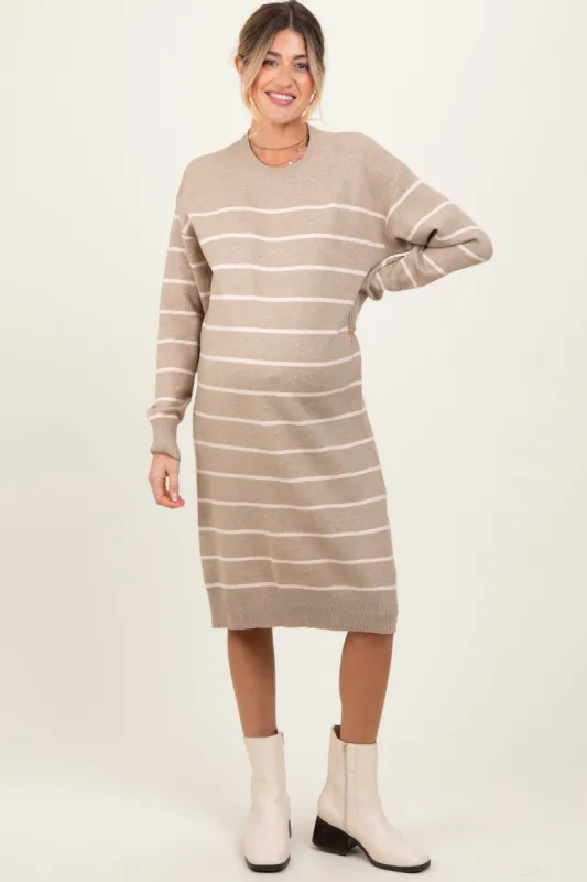 Beige Striped Maternity Midi Sweater Dress sold by Pinkblush