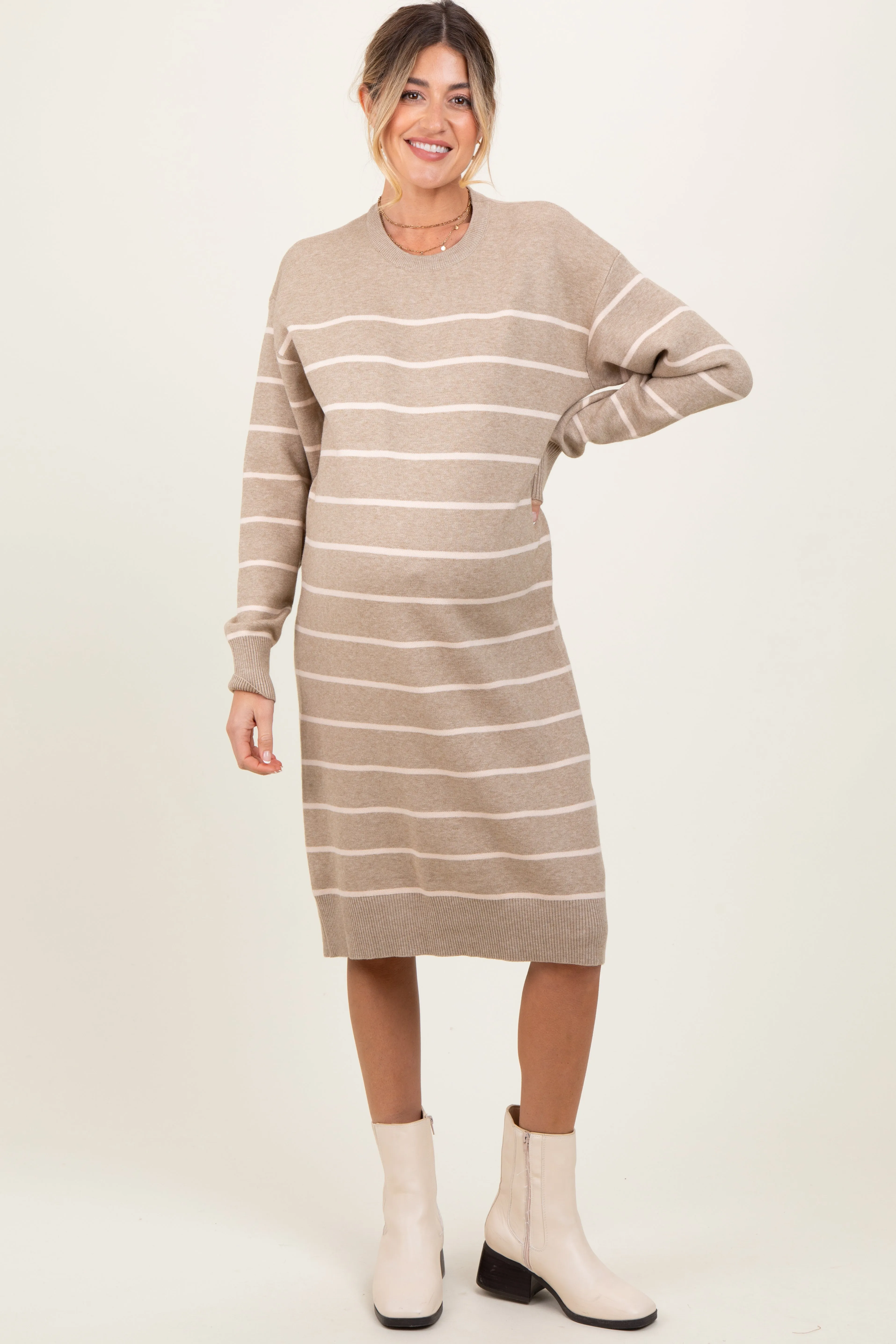Beige Striped Maternity Midi Sweater Dress sold by Pinkblush