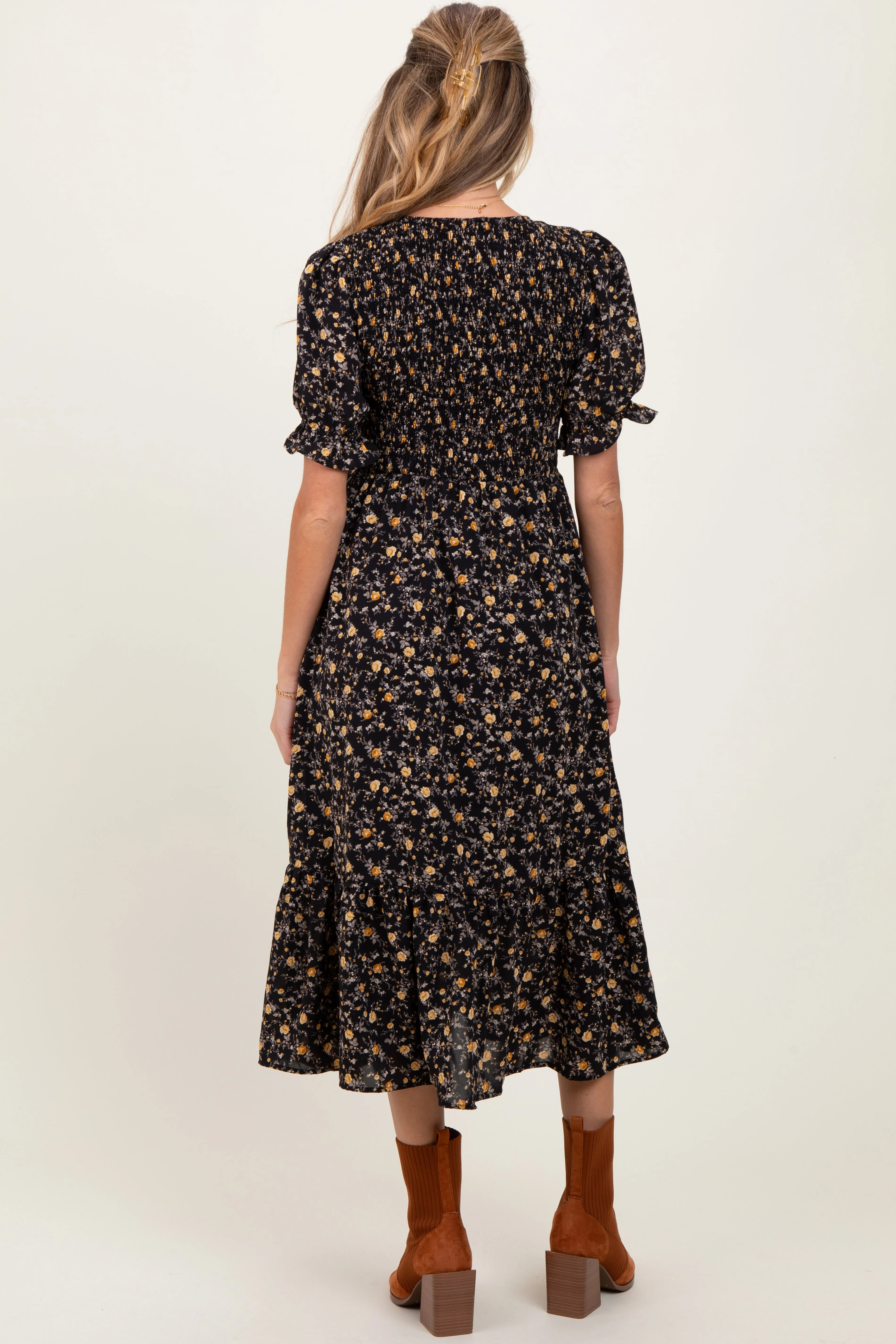 Black Floral Print Smocked Ruffle Hem Maternity Midi Dress sold by Pinkblush product image thumbnail 4