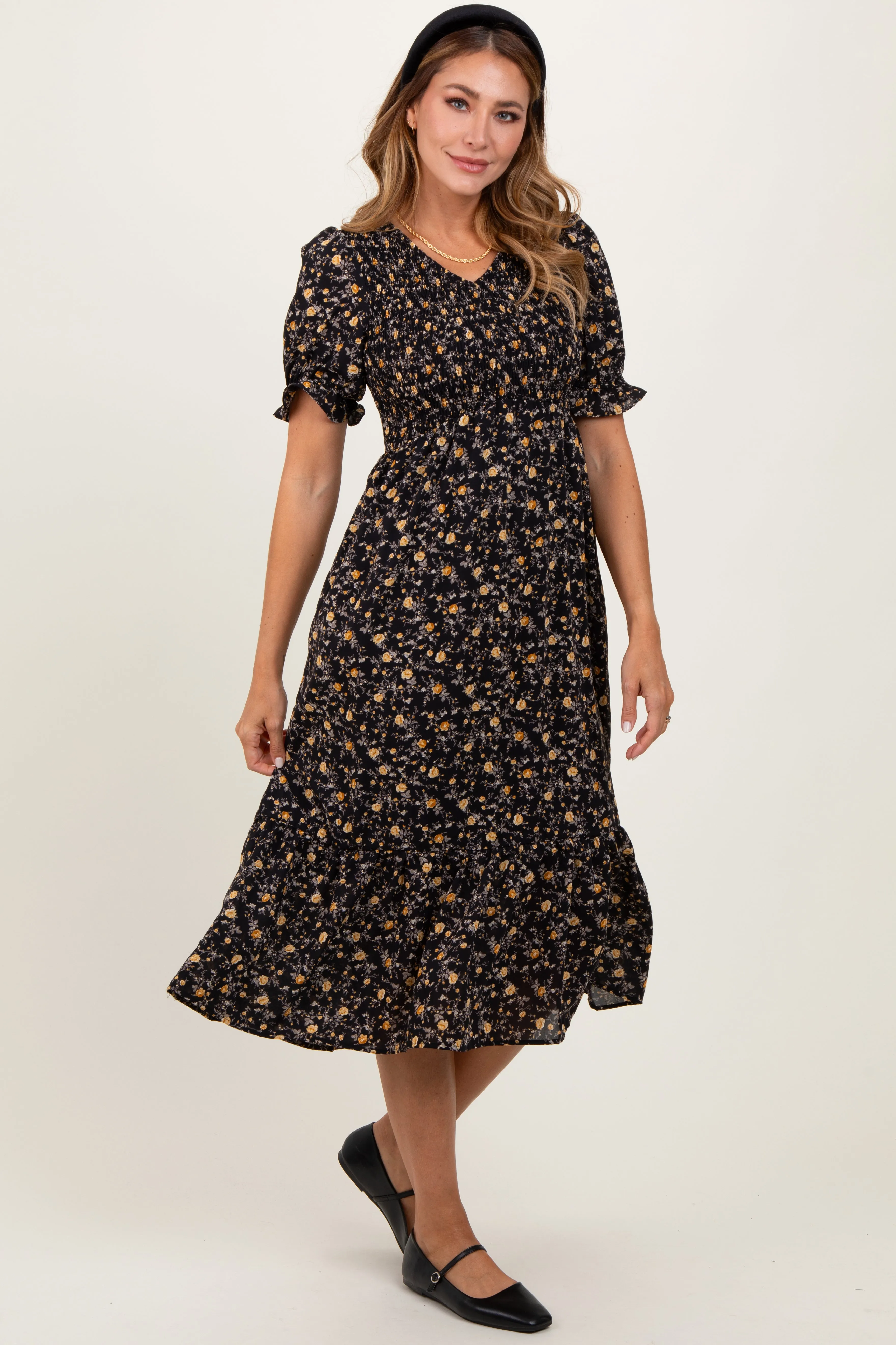 Black Floral Print Smocked Ruffle Hem Maternity Midi Dress sold by Pinkblush product image thumbnail 5