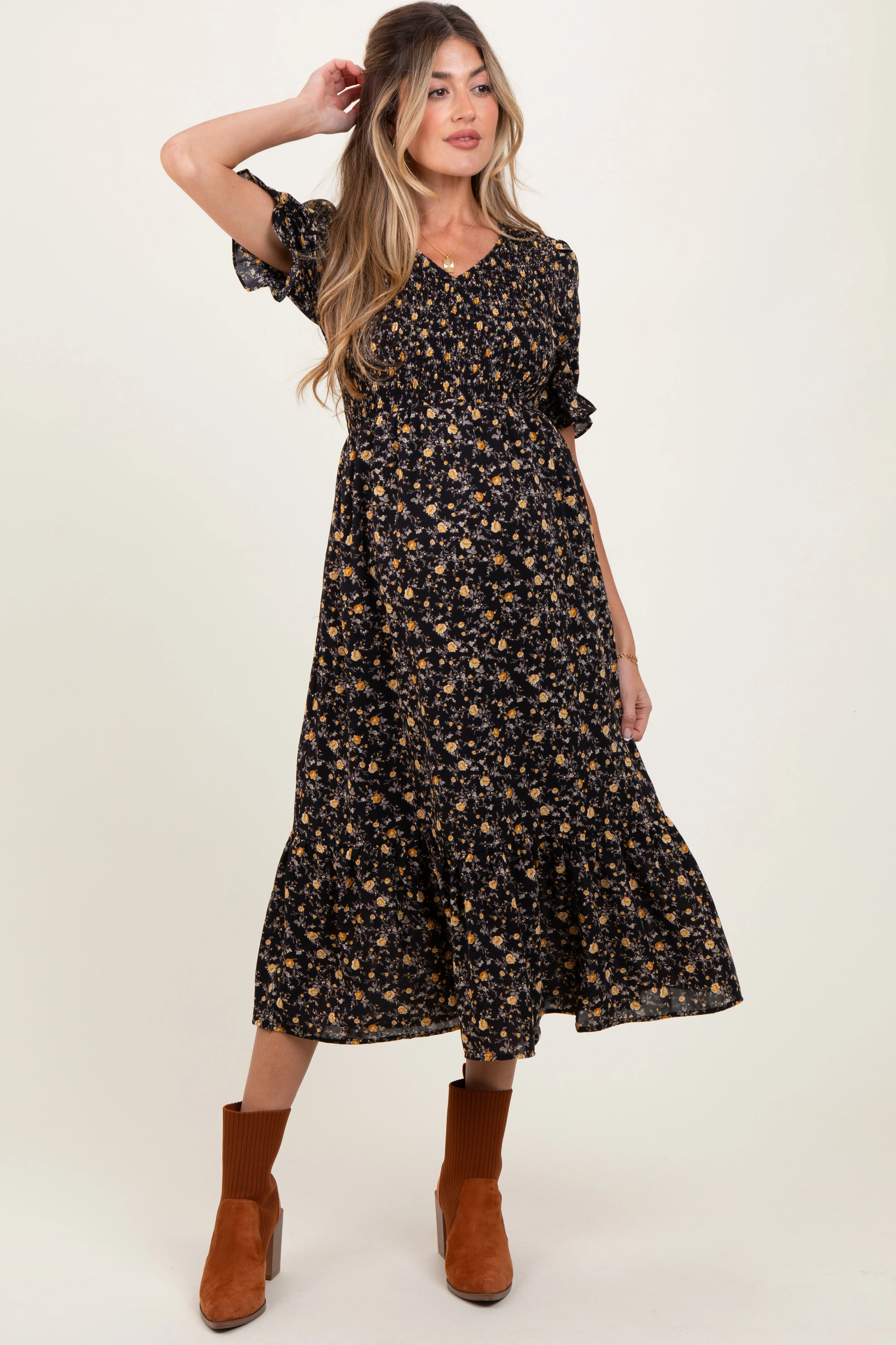 Black Floral Print Smocked Ruffle Hem Maternity Midi Dress sold by Pinkblush product image thumbnail 2