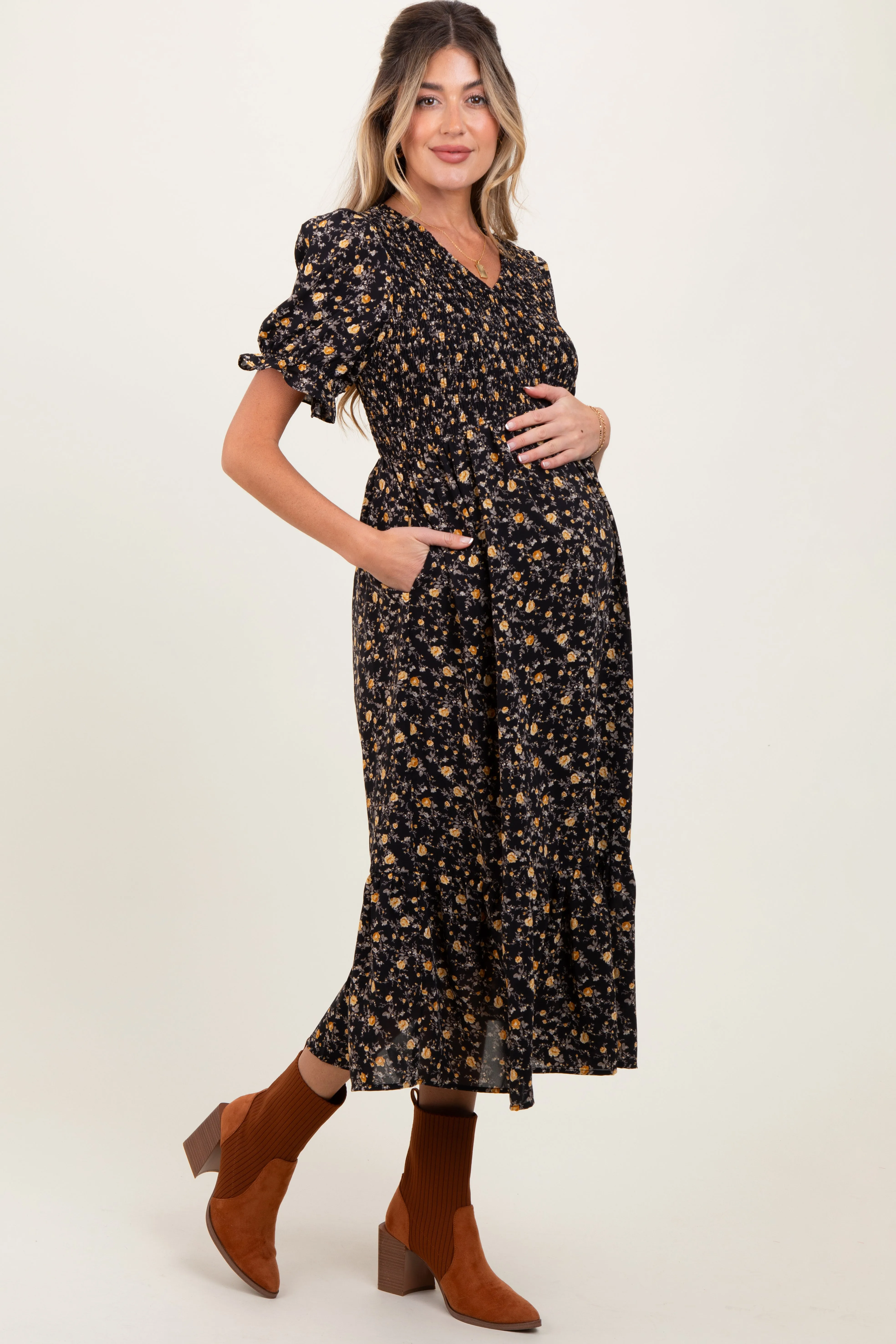 Black Floral Print Smocked Ruffle Hem Maternity Midi Dress sold by Pinkblush product image thumbnail 3