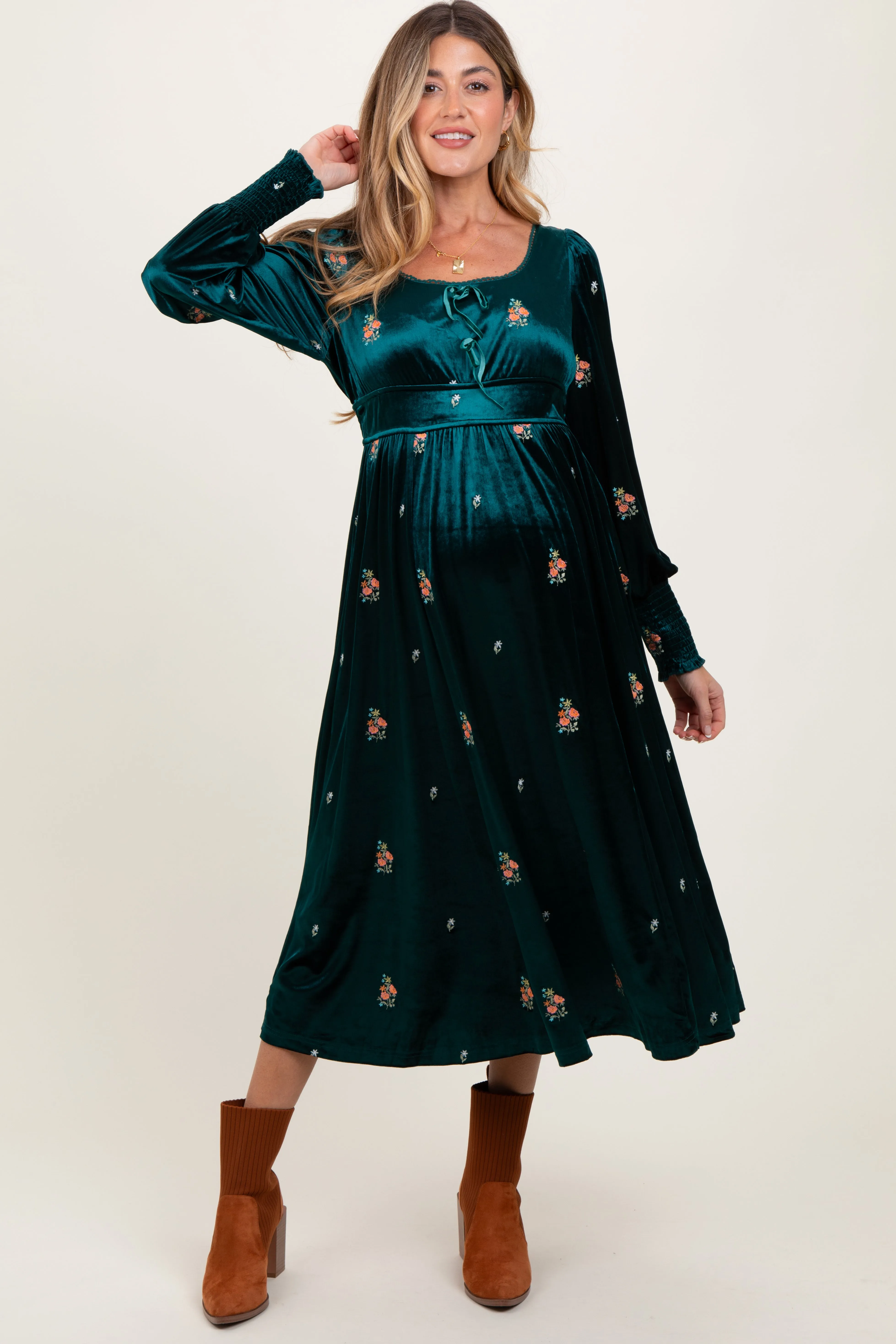 Deep Teal Velvet Embroidered Floral Maternity Midi Dress sold by Pinkblush product image thumbnail 2