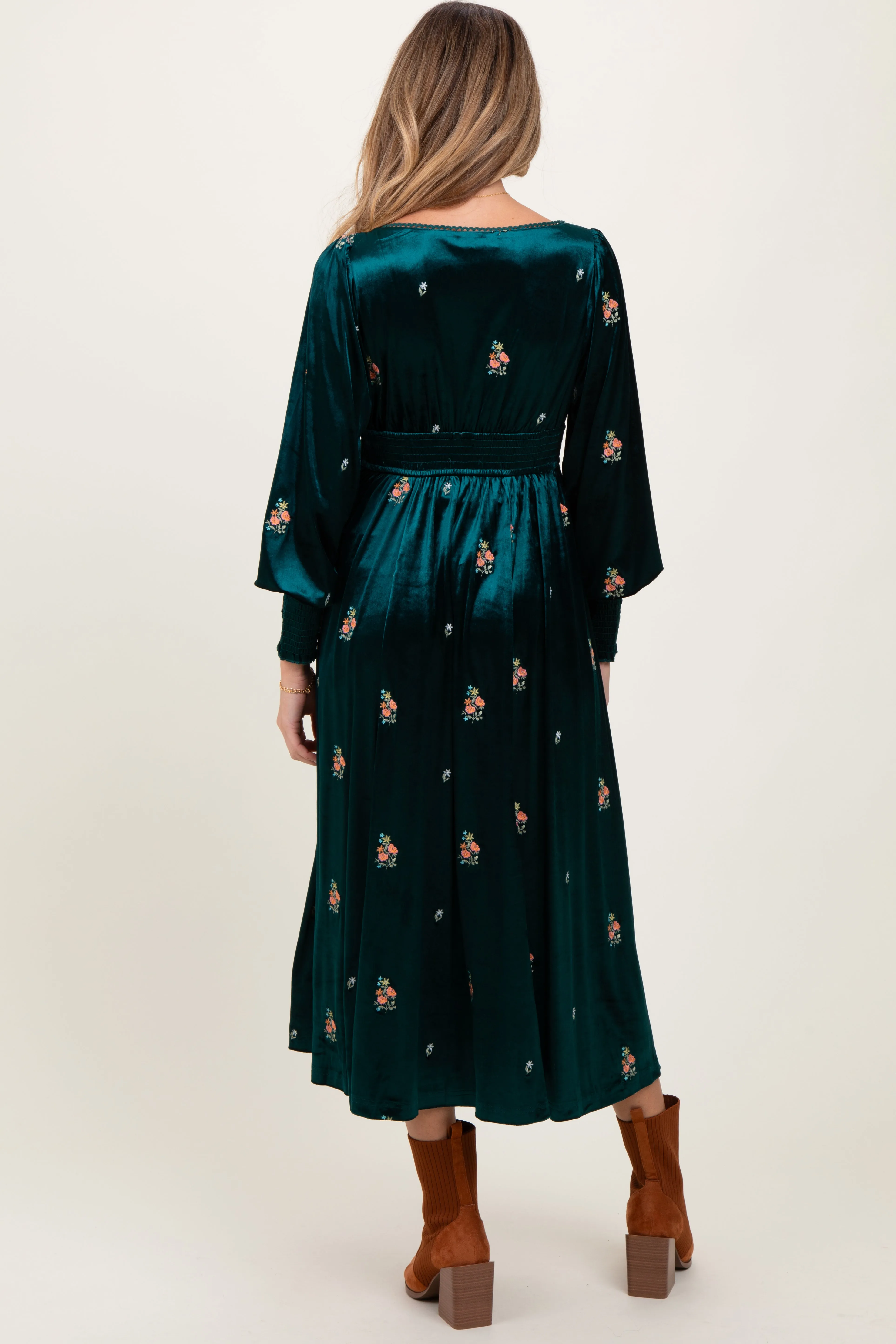 Deep Teal Velvet Embroidered Floral Maternity Midi Dress sold by Pinkblush product image thumbnail 3