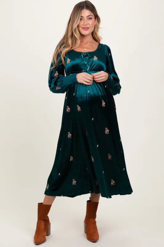 Deep Teal Velvet Embroidered Floral Maternity Midi Dress sold by Pinkblush