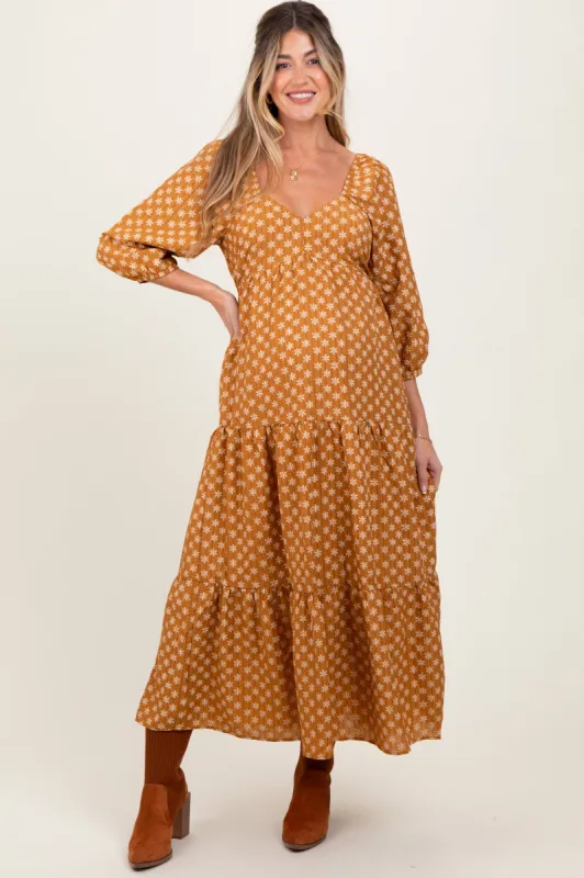 Dark Yellow Floral Long Sleeve Tiered Maternity Maxi Dress sold by Pinkblush