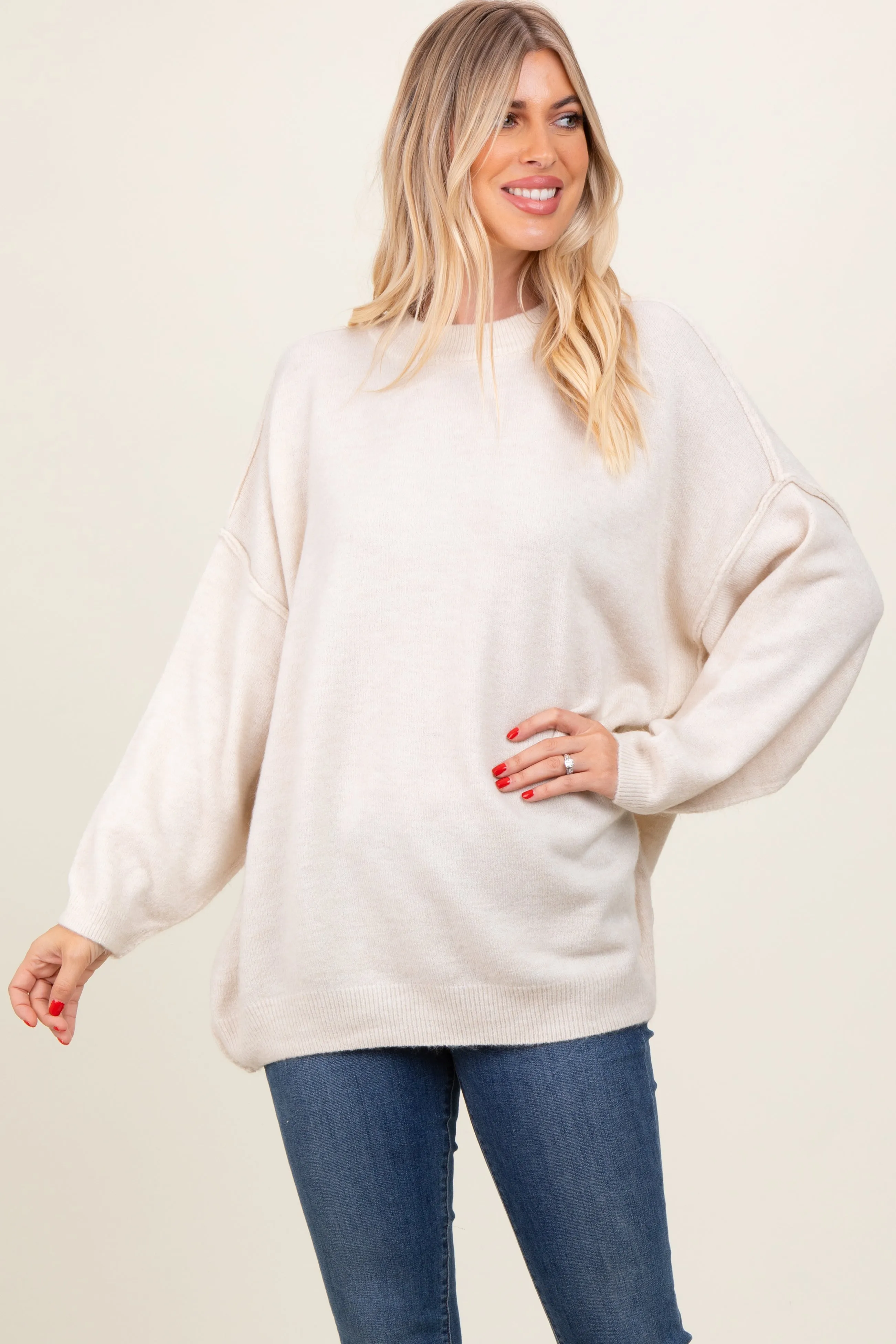 Cream Oversized Crewneck Melange Knit Sweater sold by Pinkblush product image thumbnail 3