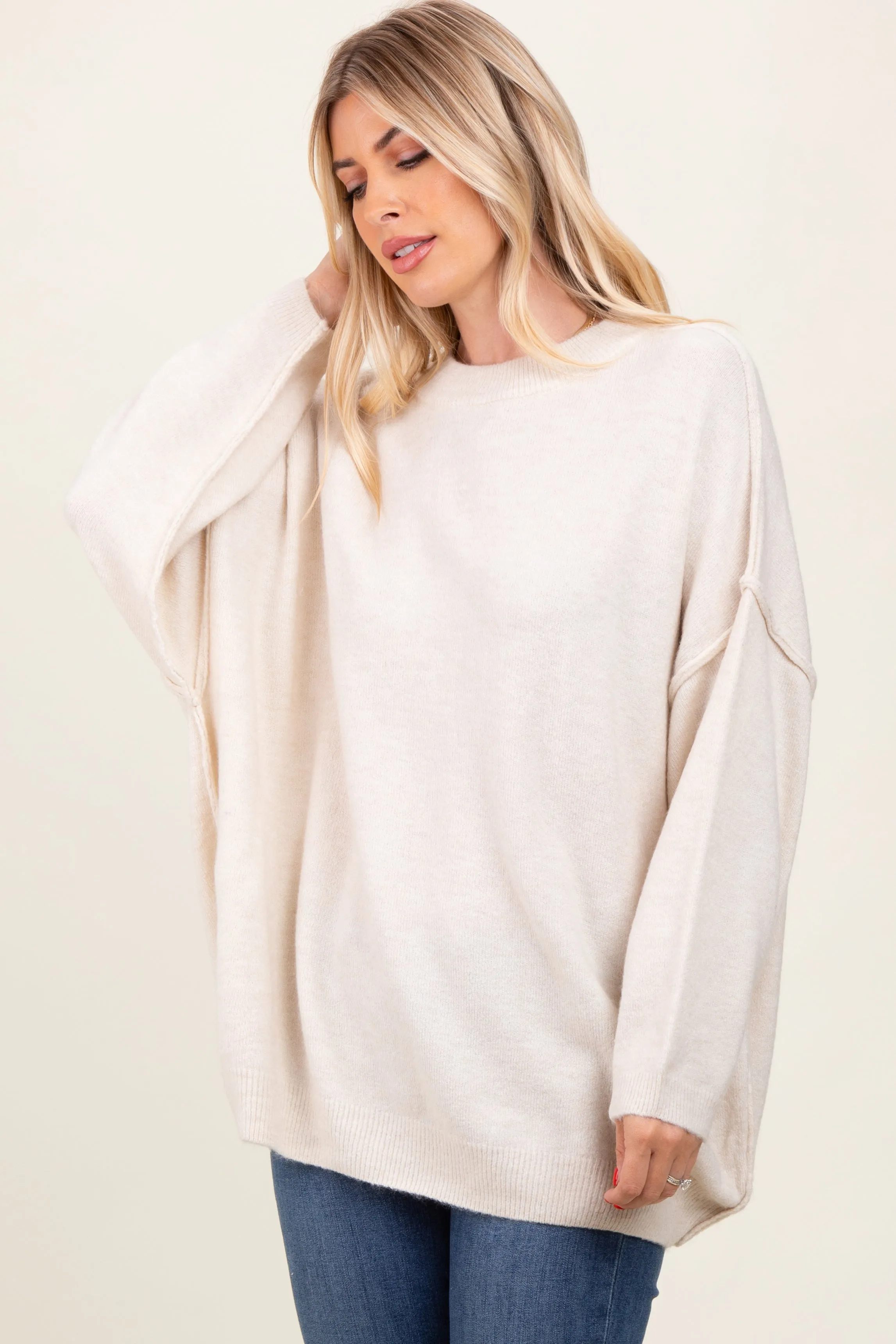 Cream Oversized Crewneck Melange Knit Sweater sold by Pinkblush