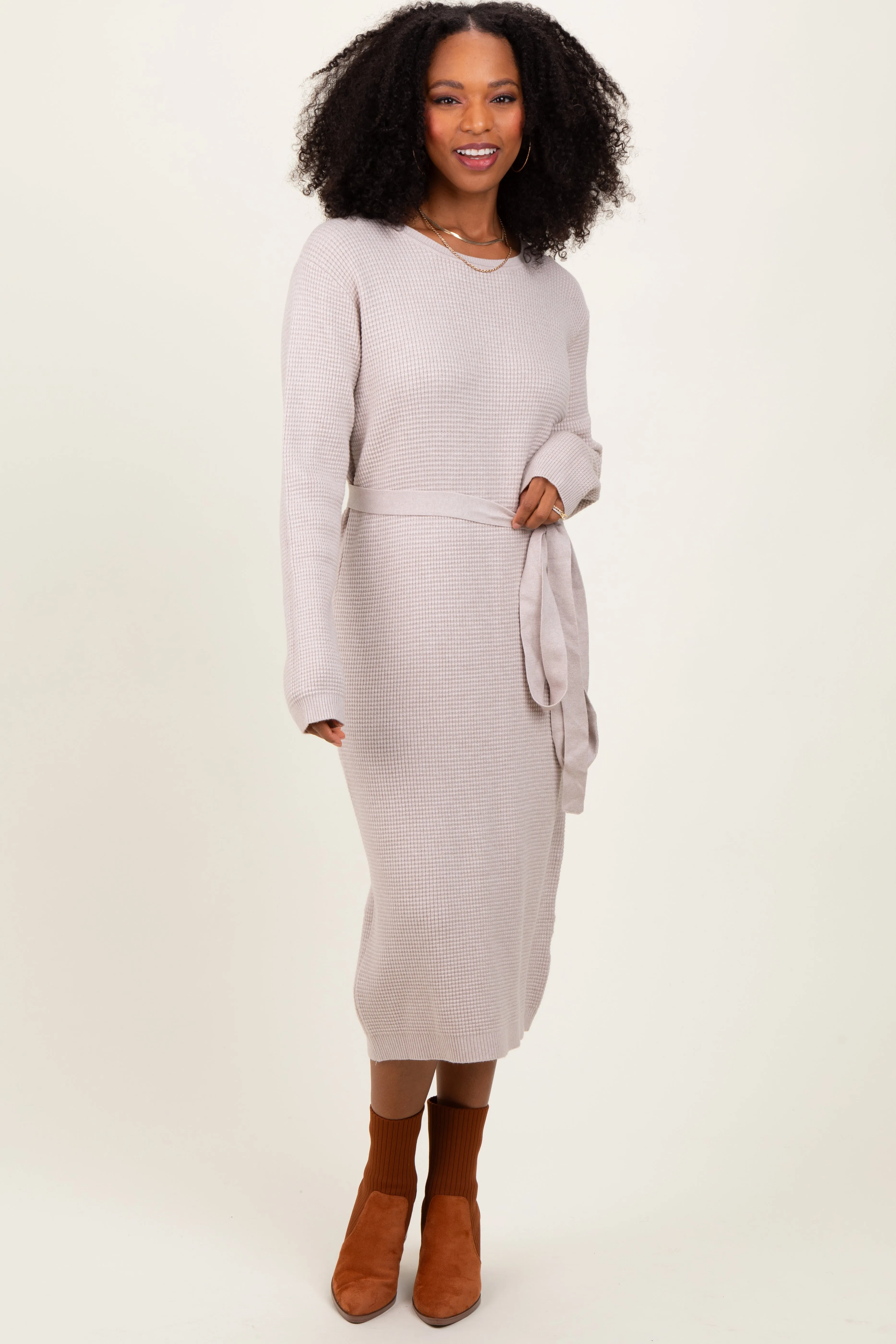 Taupe Waffle Knit Sash Tie Maternity Midi Sweater Dress sold by Pinkblush product image thumbnail 3