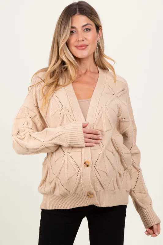 Beige Diamond Knit Button Up Maternity Sweater Cardigan sold by Pinkblush
