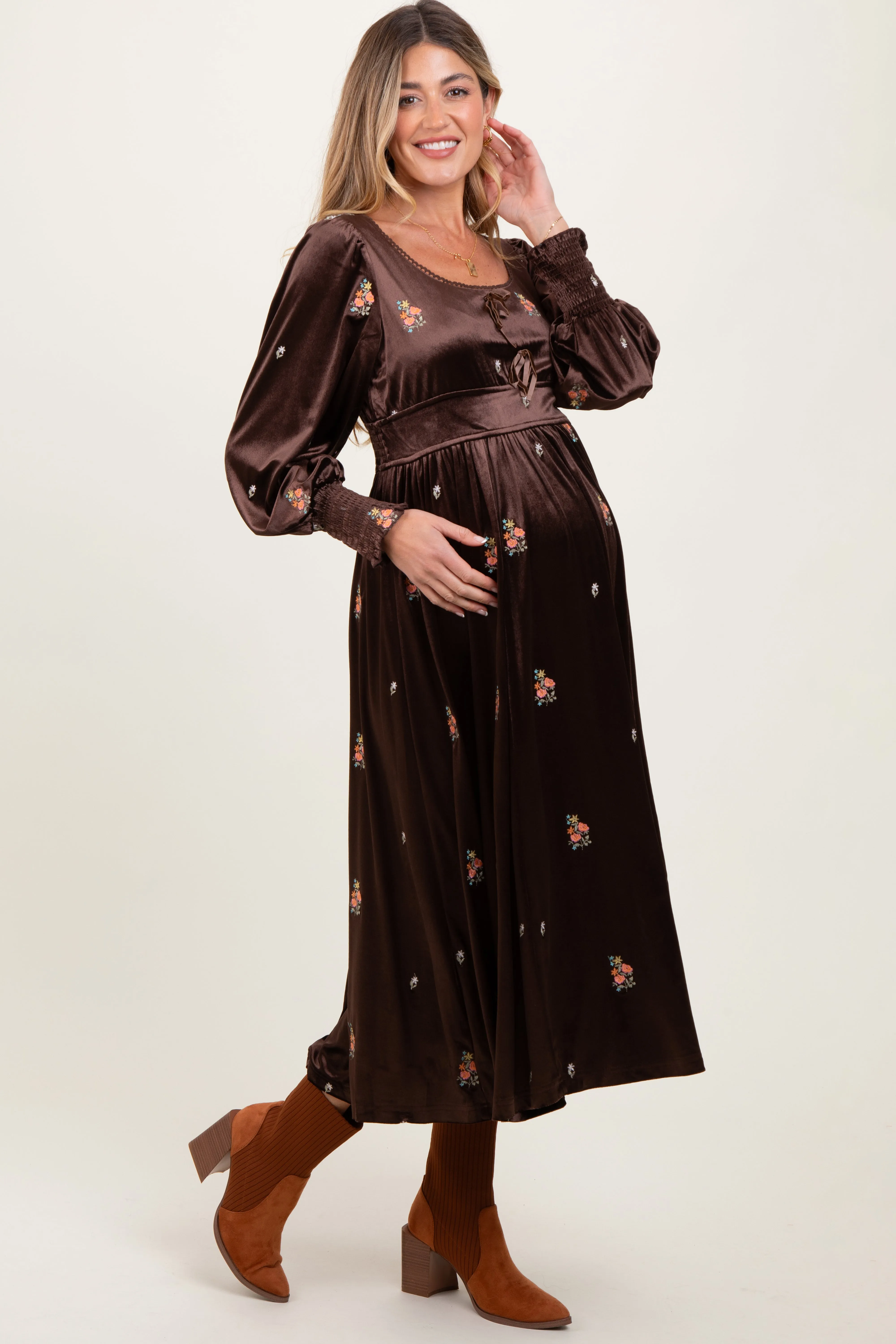 Brown Velvet Embroidered Floral Maternity Midi Dress sold by Pinkblush product image thumbnail 3