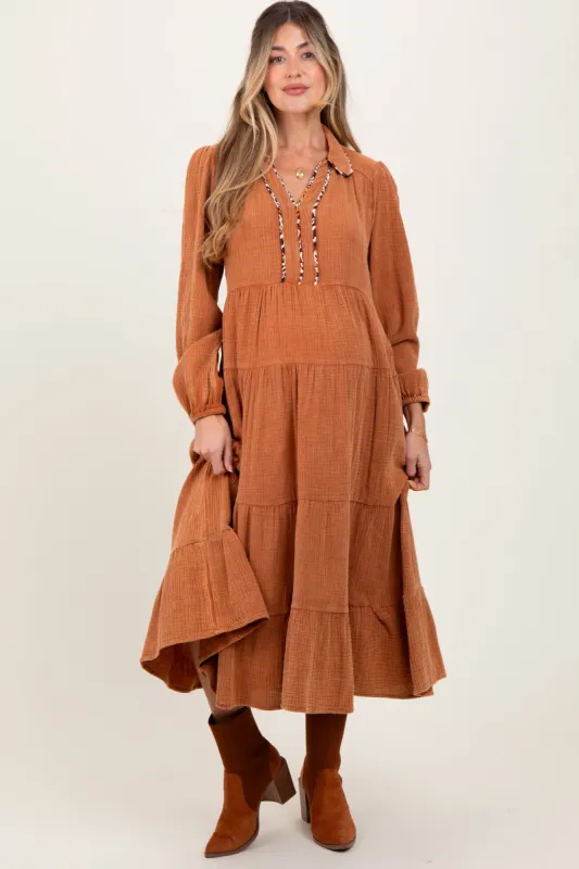 Camel Cotton Gauze Long Sleeve Tiered Maternity Midi Dress sold by Pinkblush