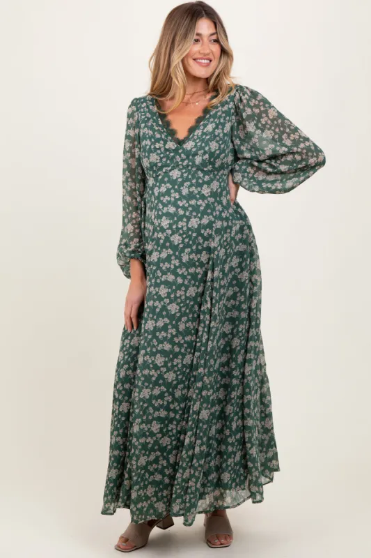Green Floral Chiffon Lace Trim Back Tie Maternity Maxi Dress sold by Pinkblush