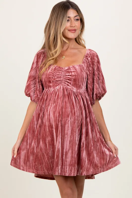 Mauve Crushed Velvet Puff Sleeve Maternity Mini Dress sold by Pinkblush