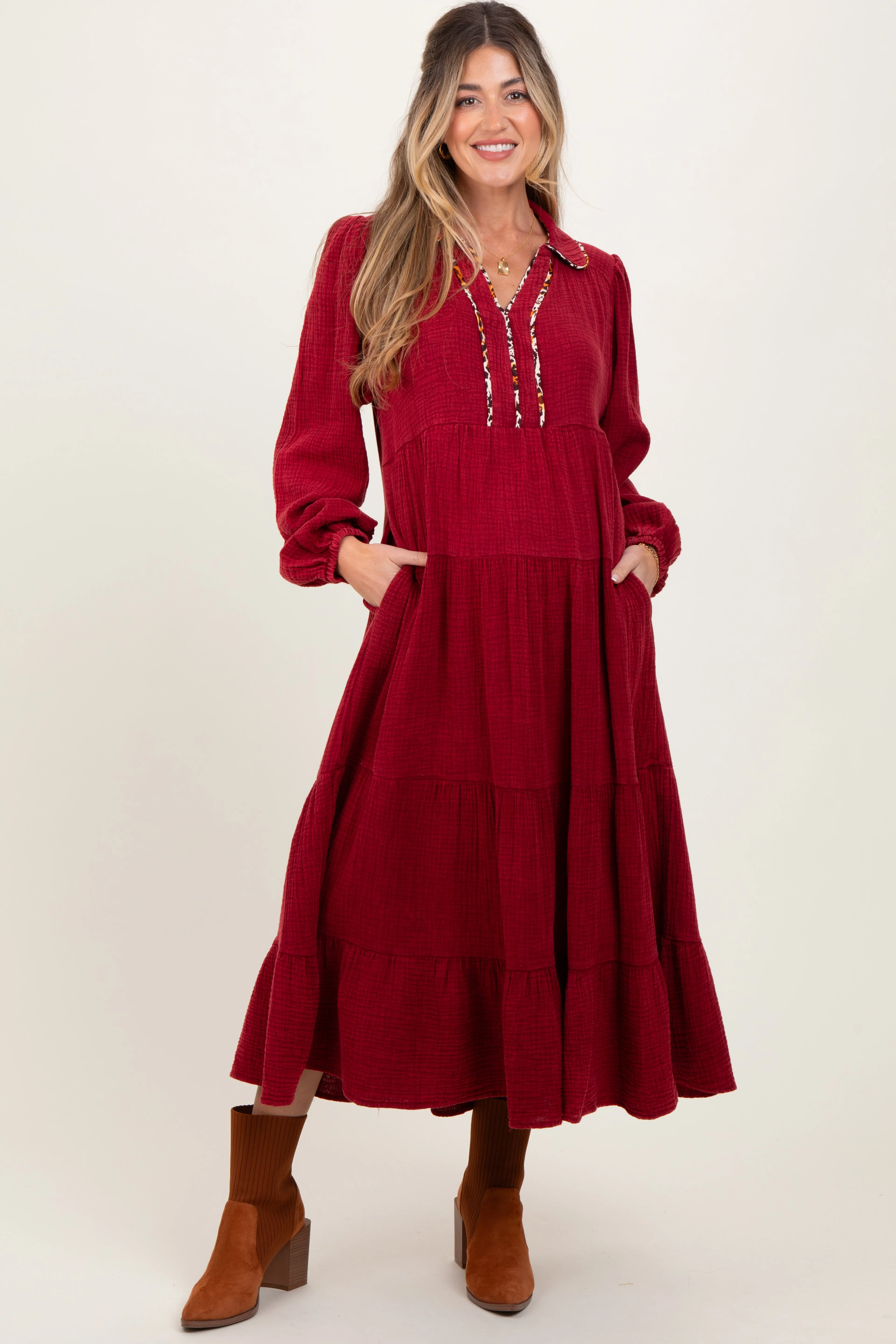 Burgundy Cotton Gauze Long Sleeve Tiered Maternity Midi Dress sold by Pinkblush