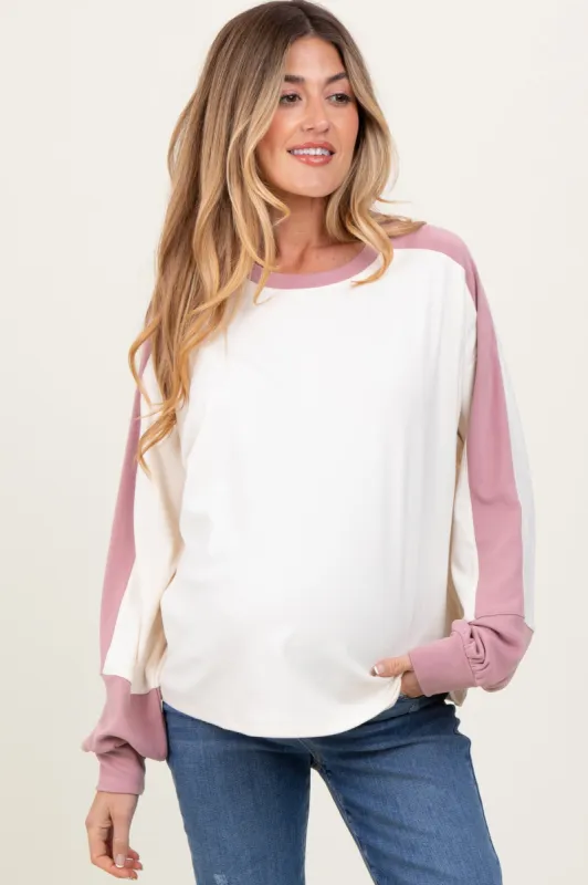 Cream Brushed Knit Colorblock Sleeve Maternity Pullover sold by Pinkblush