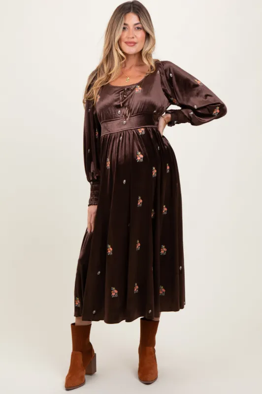 Brown Velvet Embroidered Floral Maternity Midi Dress sold by Pinkblush