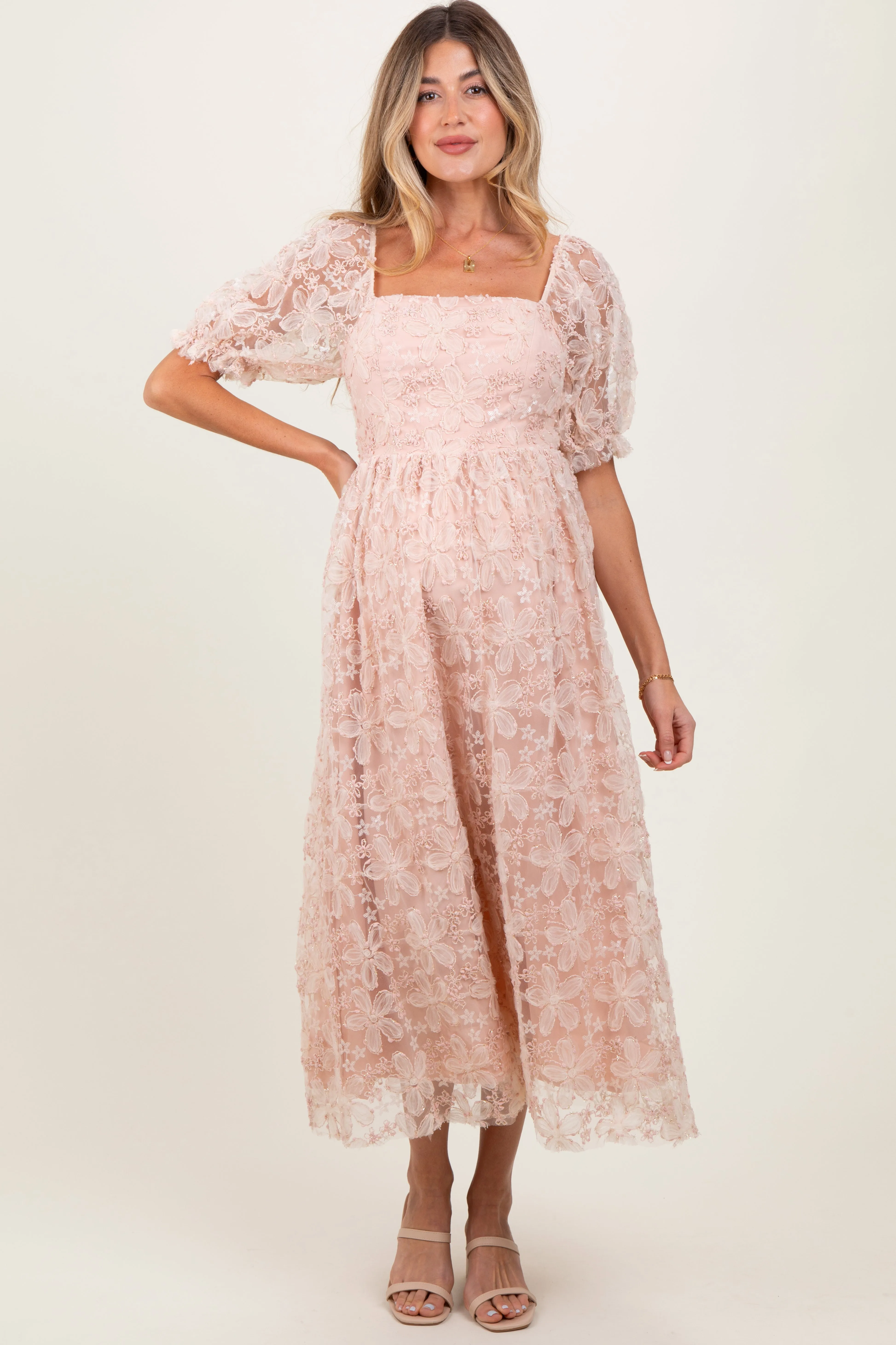 Light Pink Floral Mesh Overlay Tie Back Maternity Midi Dress sold by Pinkblush product image thumbnail 2