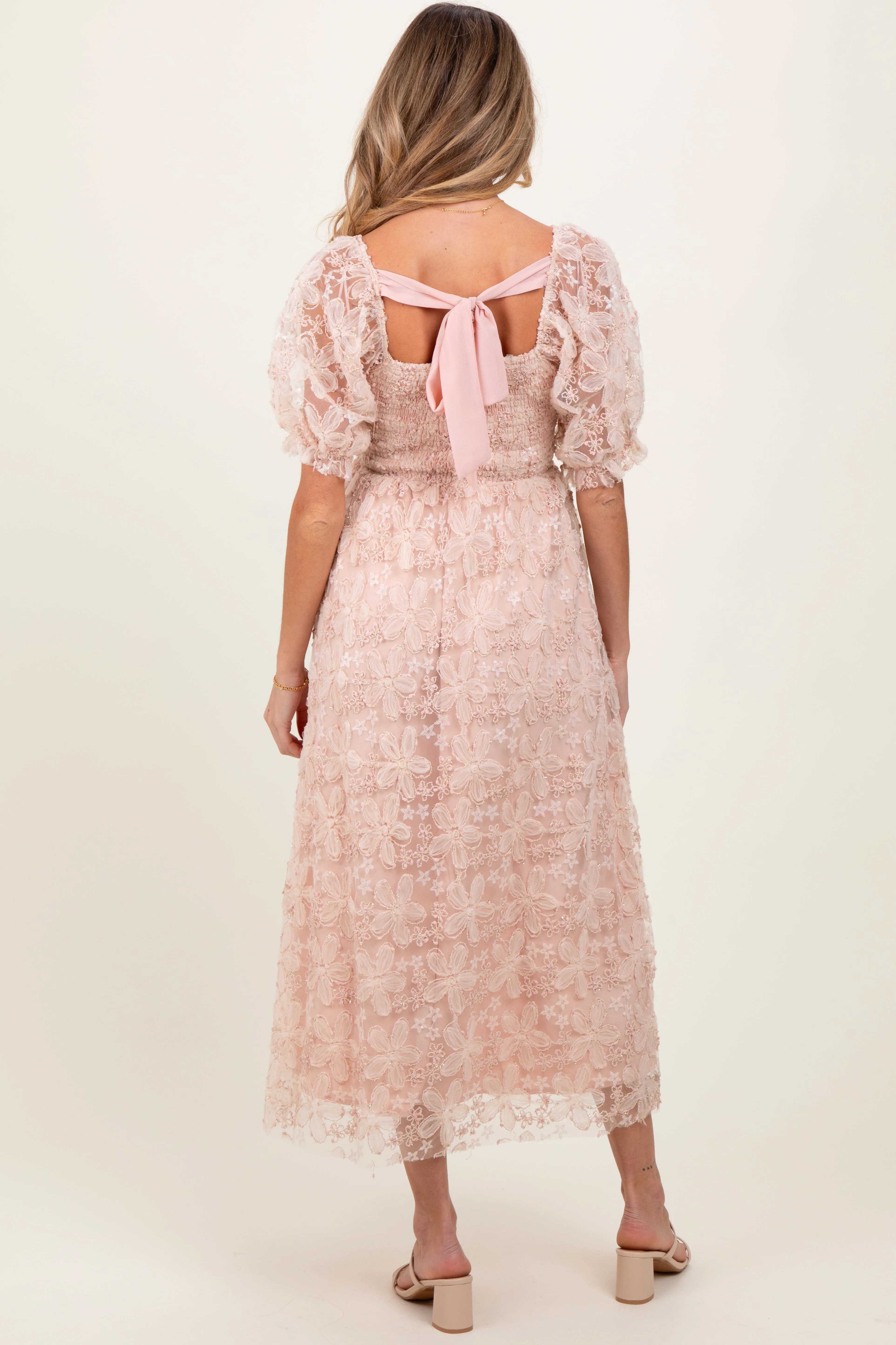 Light Pink Floral Mesh Overlay Tie Back Maternity Midi Dress sold by Pinkblush product image thumbnail 4