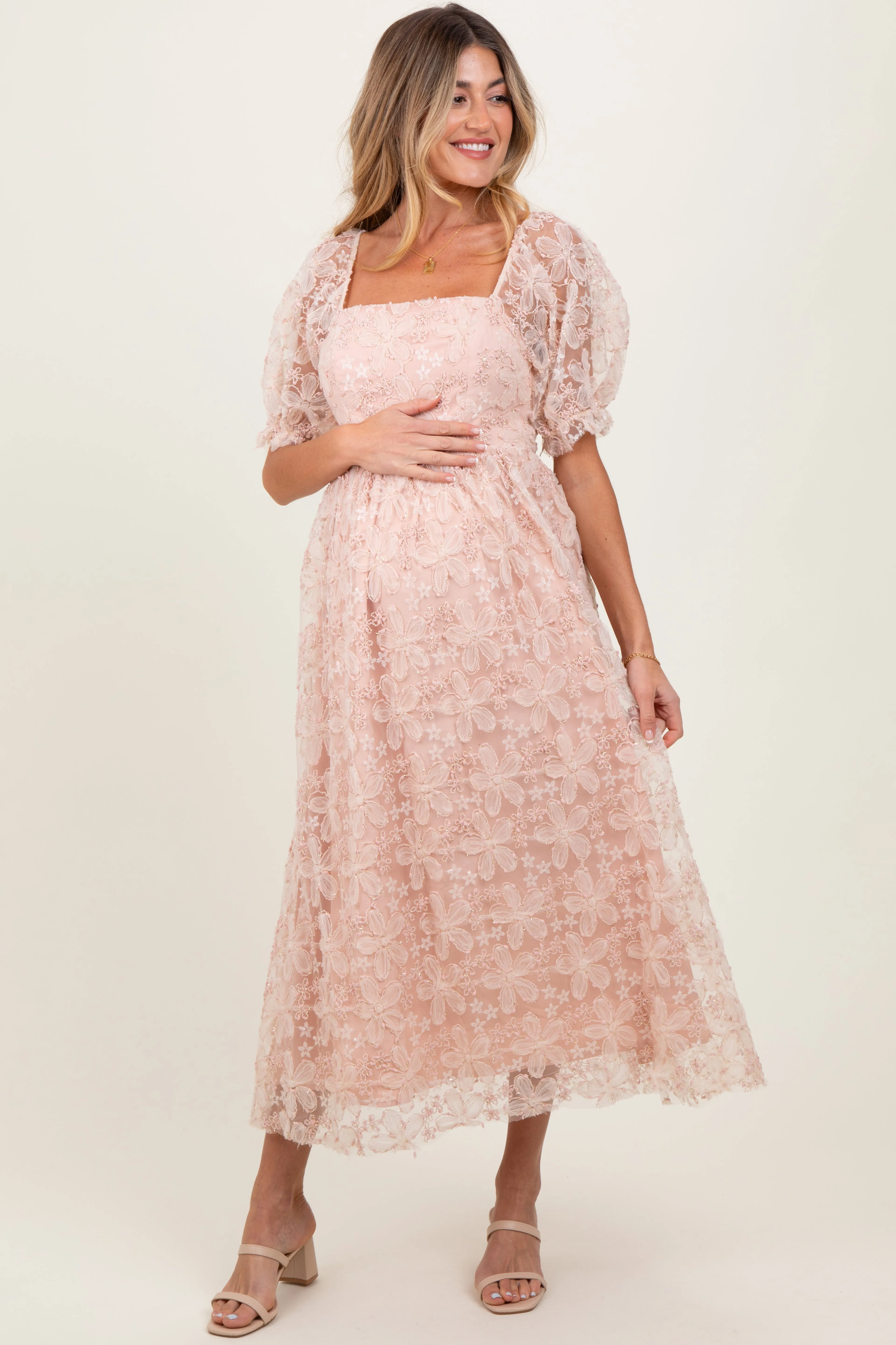Light Pink Floral Mesh Overlay Tie Back Maternity Midi Dress sold by Pinkblush