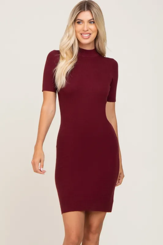 Burgundy Ribbed Mock Neck Dress sold by Pinkblush
