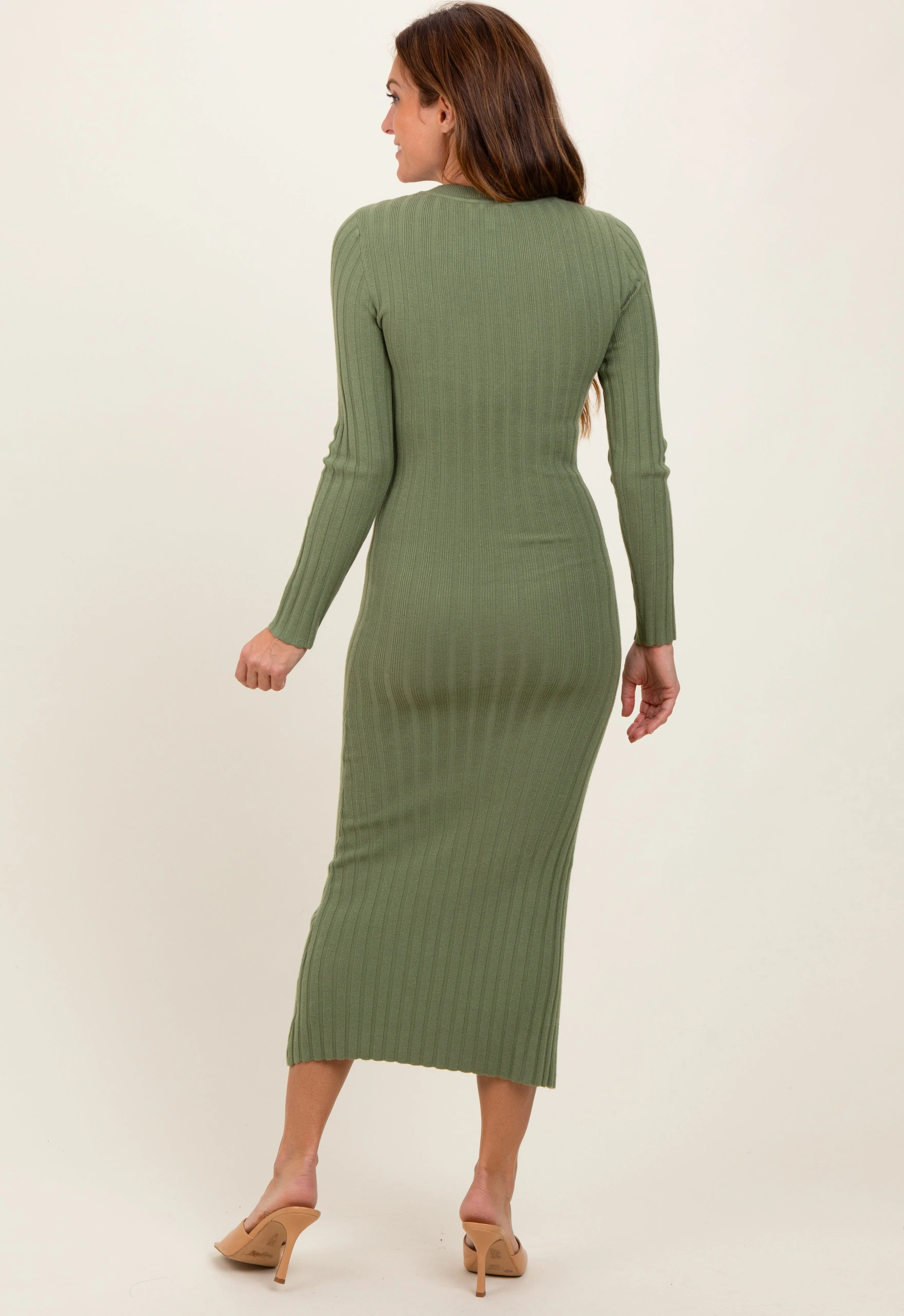 Olive Ribbed Knit Fitted Midi Sweater Dress sold by Pinkblush product image thumbnail 3