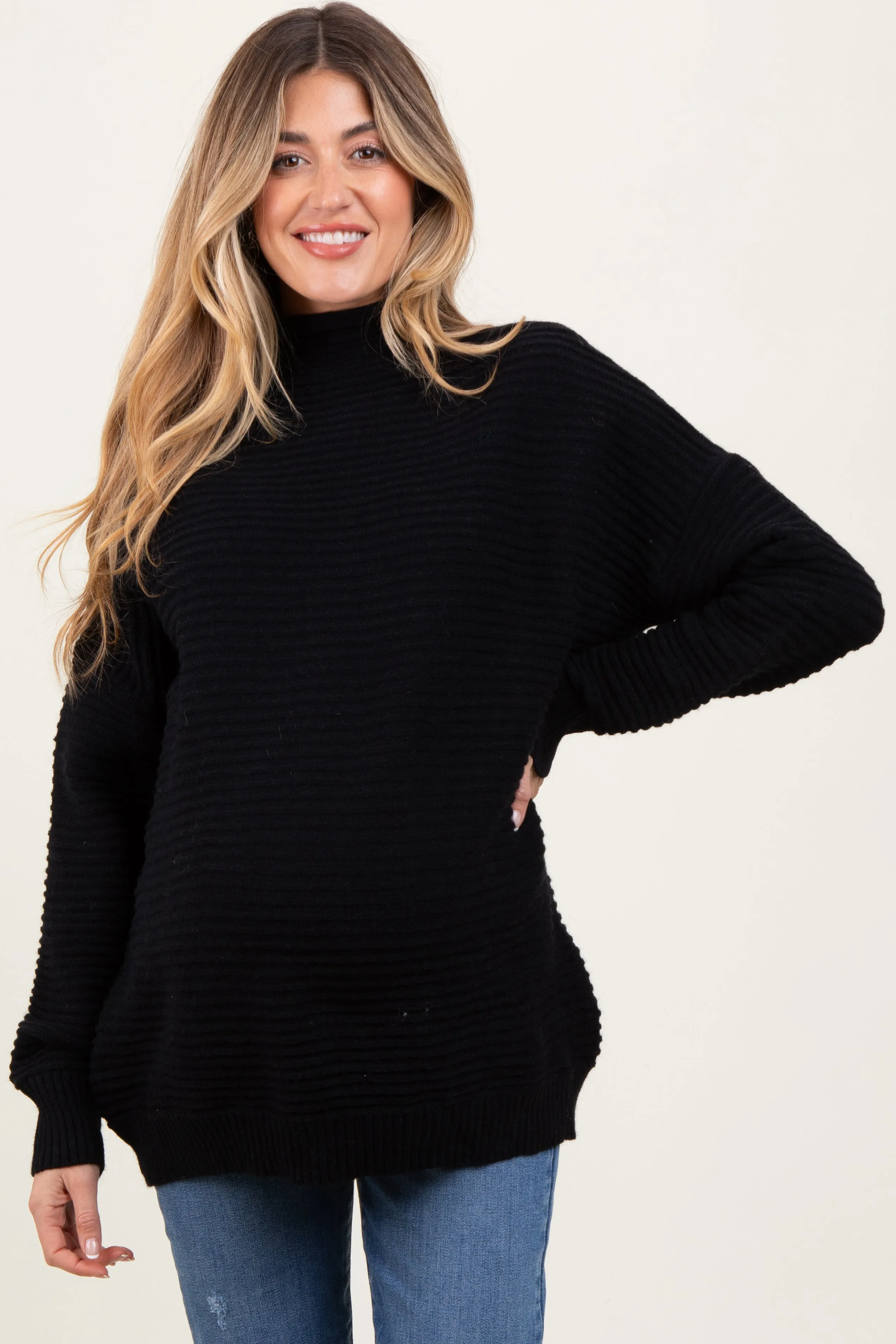 Black Ribbed Knit Turtleneck Dolman Sleeve Maternity Sweater sold by Pinkblush