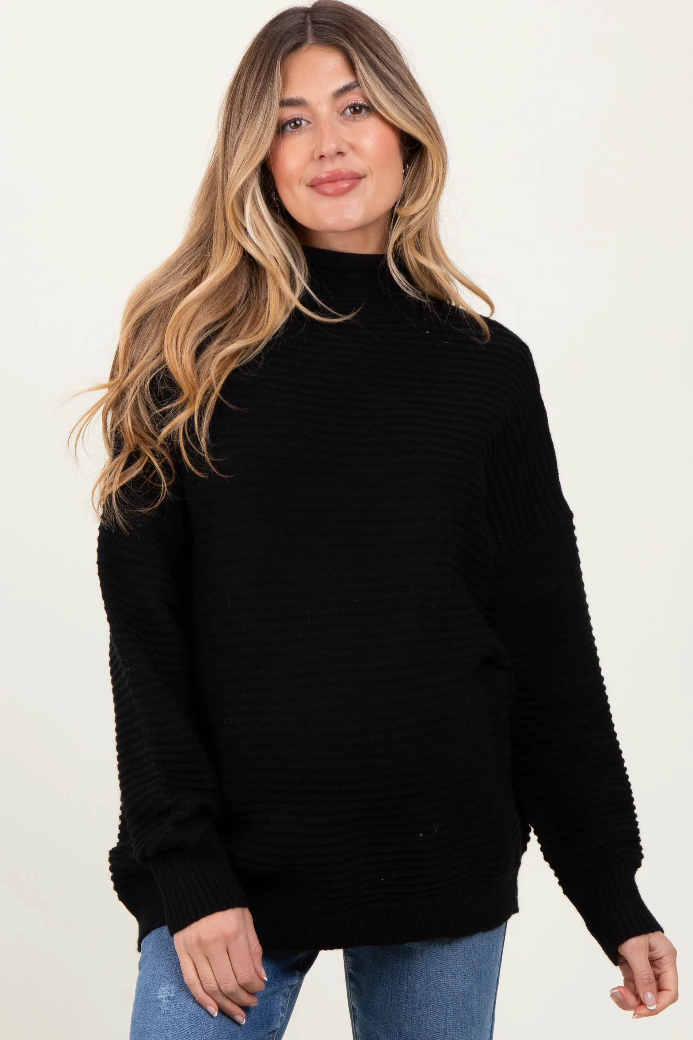 Black Ribbed Knit Turtleneck Dolman Sleeve Maternity Sweater sold by Pinkblush product image thumbnail 2