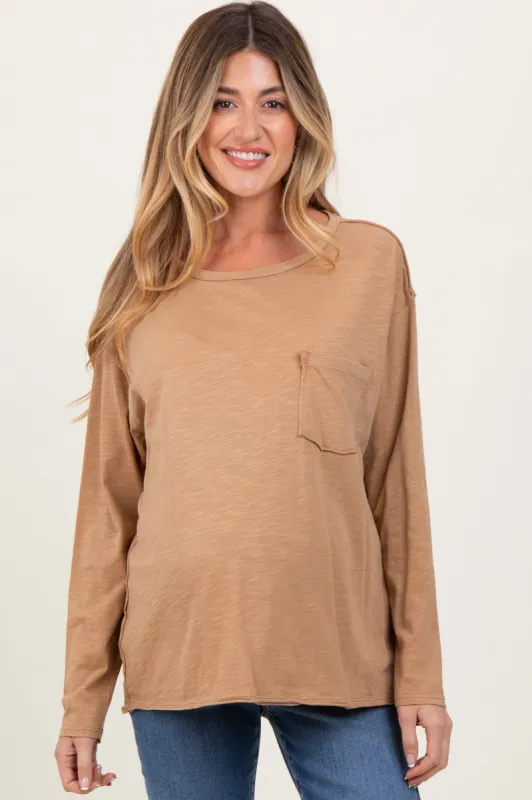 Camel Mineral Wash Front Pocket Long Sleeve Maternity Top sold by Pinkblush